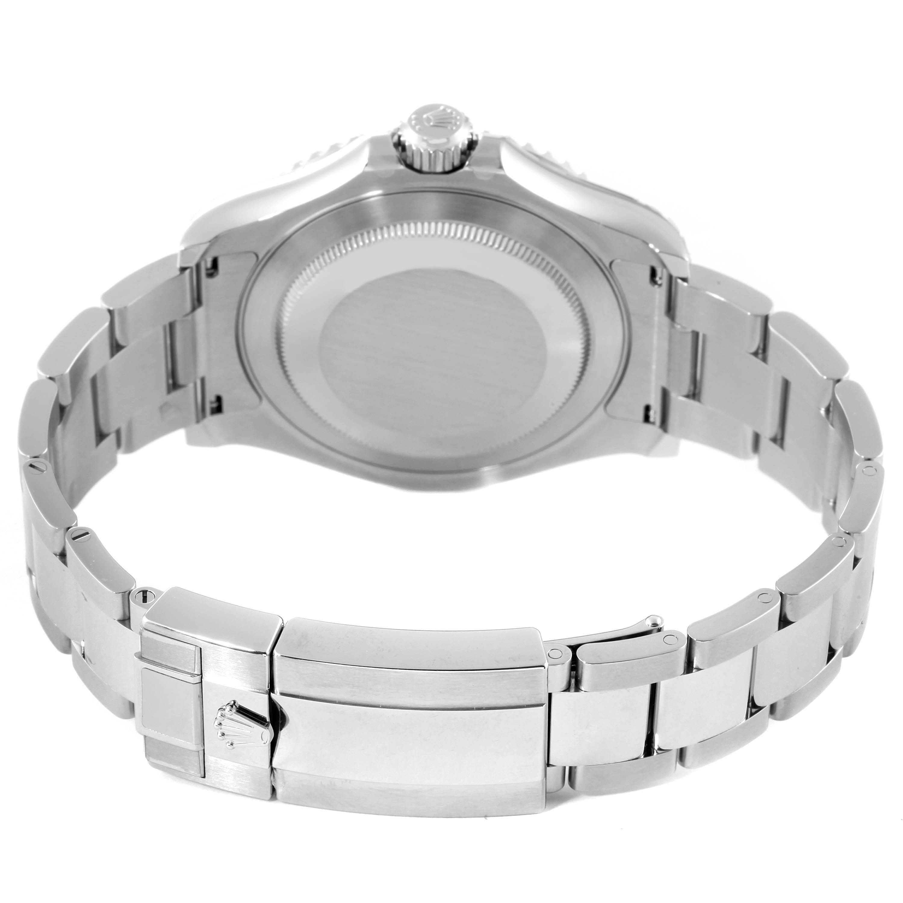 The image shows the back view of the Rolex Yacht-Master 126622 Men
s Stainless Steel Blue Dial 126622 Men
s Stainless Steel Blue Dial watch, focusing on the case back and the metal bracelet with the clasp.