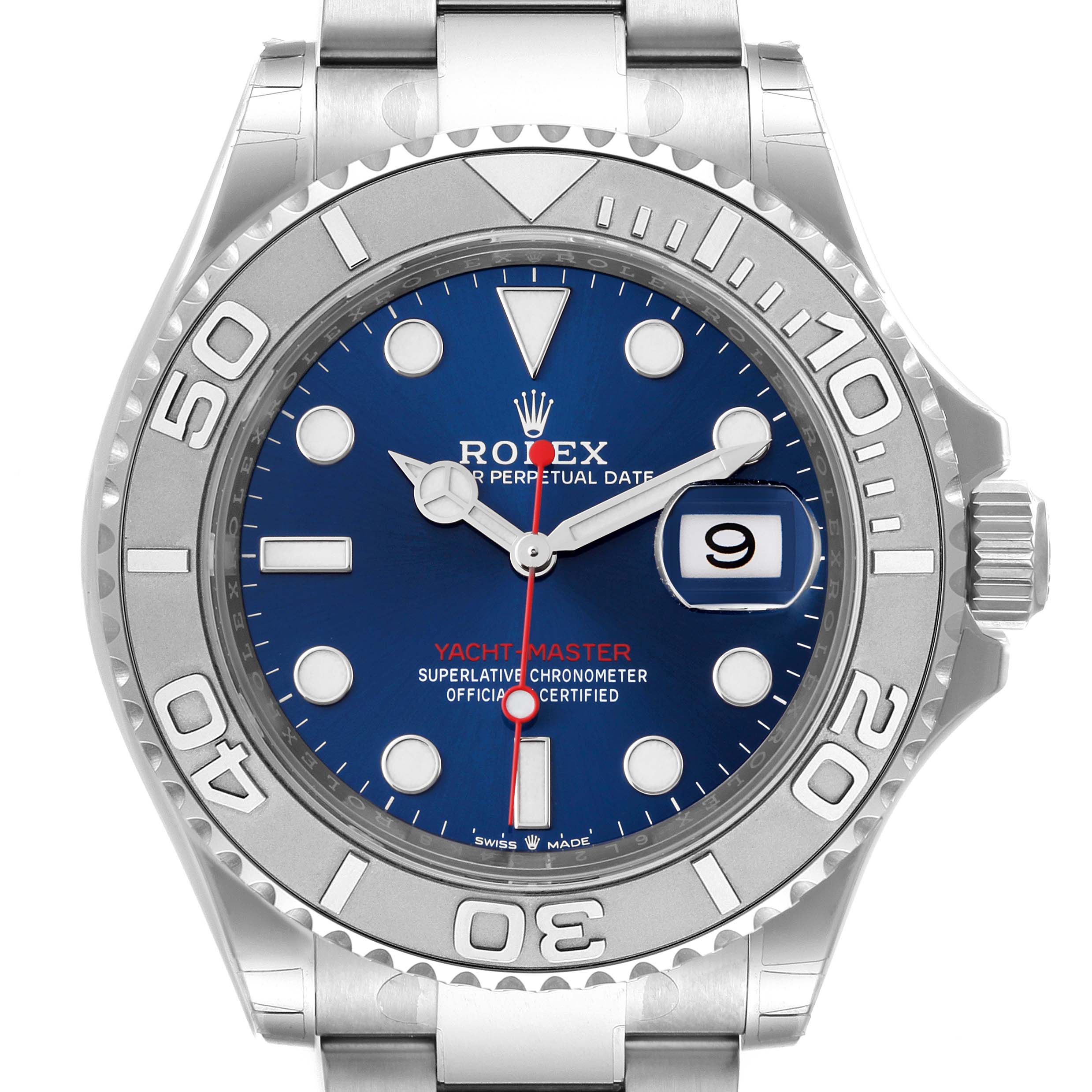 The image shows a frontal view of the Rolex Yacht-Master 126622 Men
s Stainless Steel Blue Dial 126622 Men
s Stainless Steel Blue Dial watch, highlighting its bezel, dial, and bracelet.