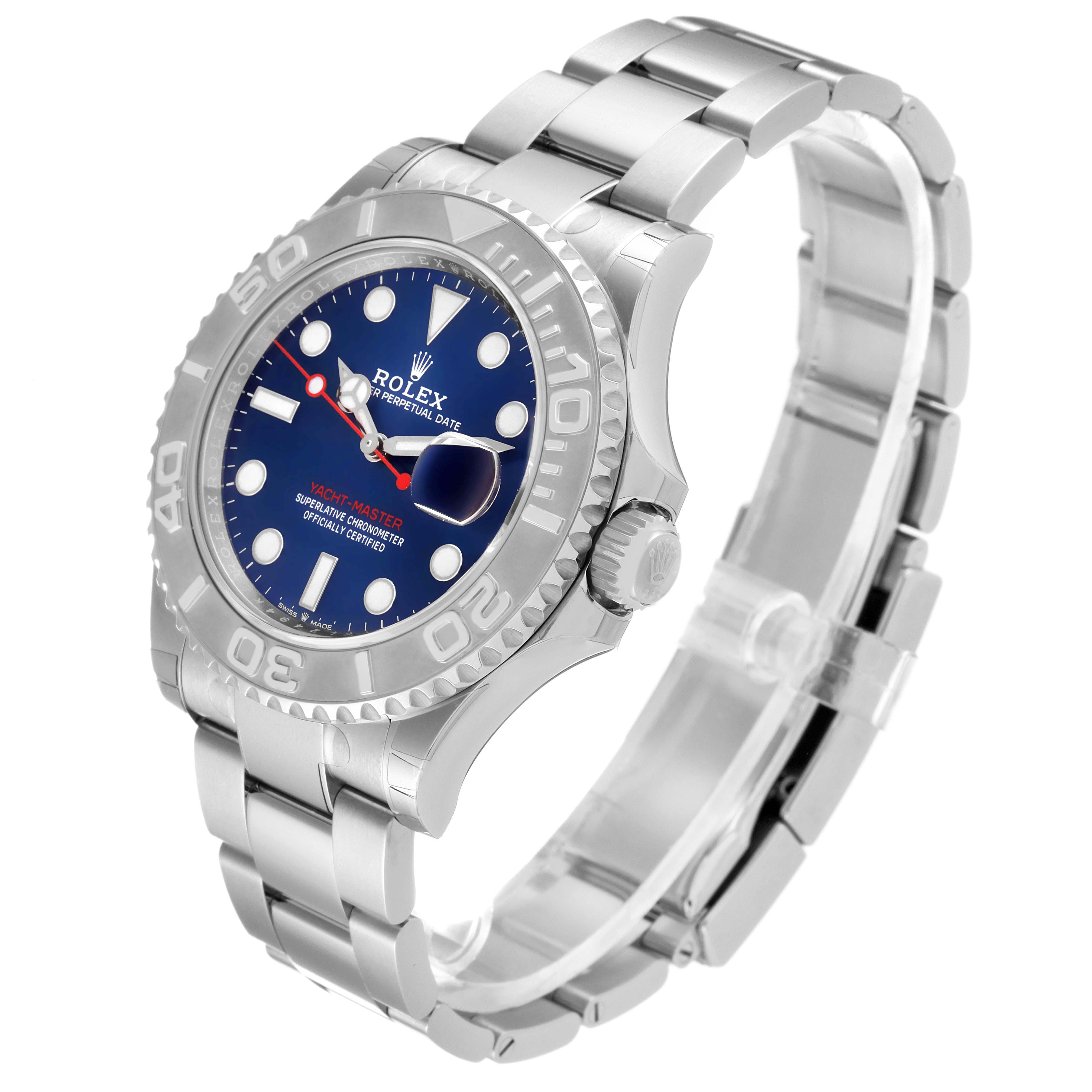 The image shows a Rolex Yacht-Master 126622 Men
s Stainless Steel Blue Dial 126622 Men
s Stainless Steel Blue Dial watch angled to display its face, bezel, bracelet, and crown.