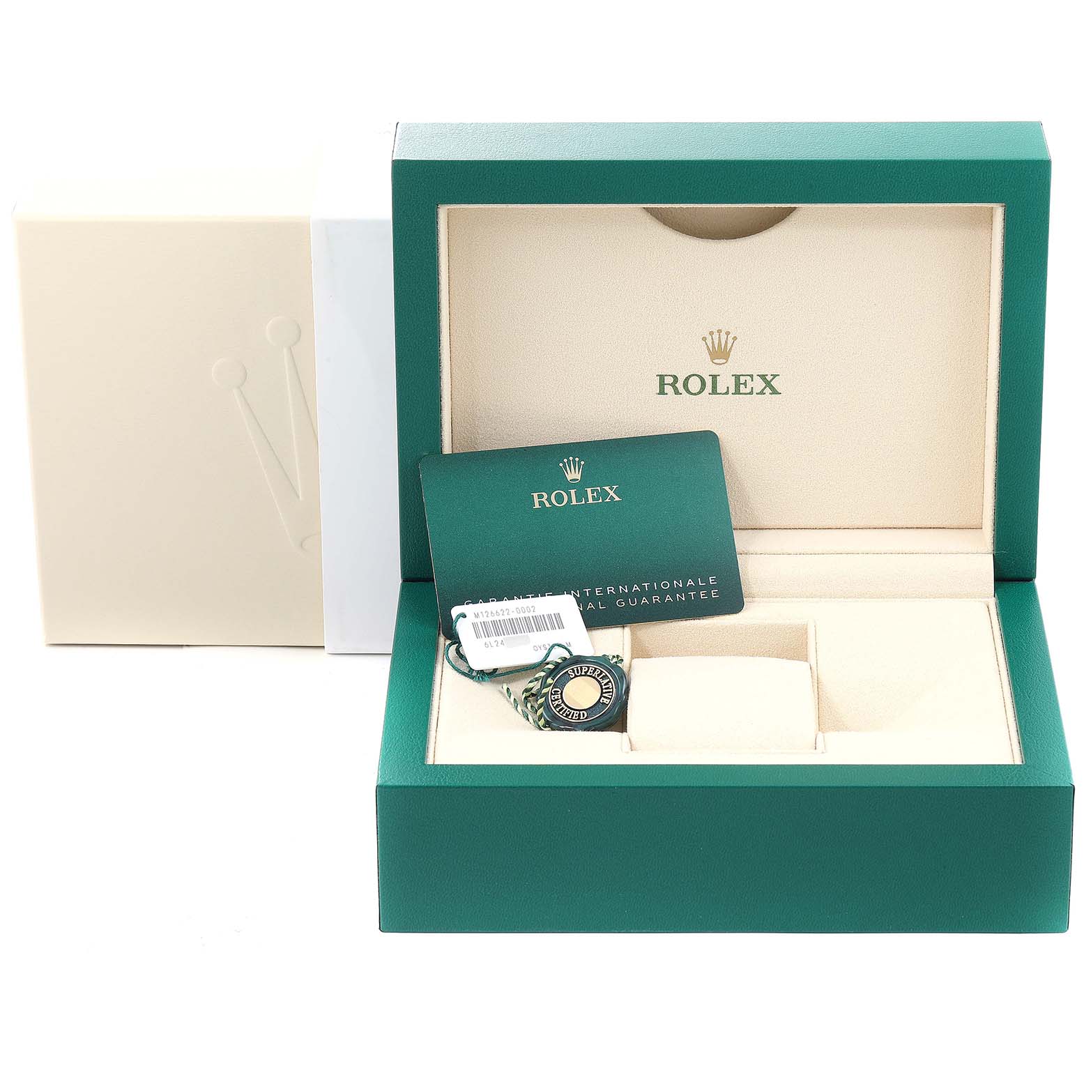 The image shows a Rolex Yacht-Master 126622 Men
s Stainless Steel Blue Dial 126622 Men
s Stainless Steel Blue Dial watch box, warranty card, and tag from a front angle.