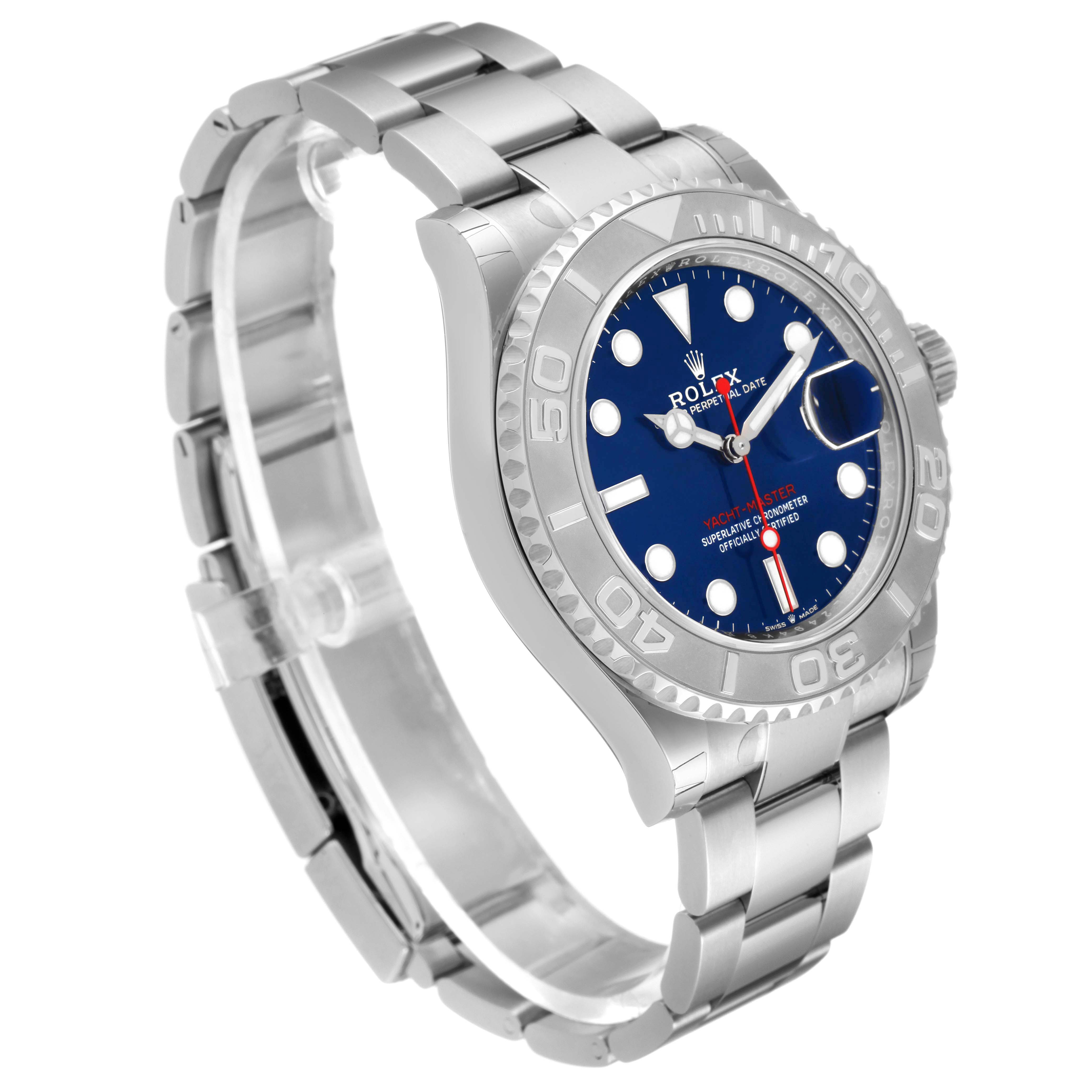 The image shows a side angle of the Rolex Yacht-Master 126622 Men
s Stainless Steel Blue Dial 126622 Men
s Stainless Steel Blue Dial watch, highlighting its stainless steel bracelet, bezel, and blue dial.