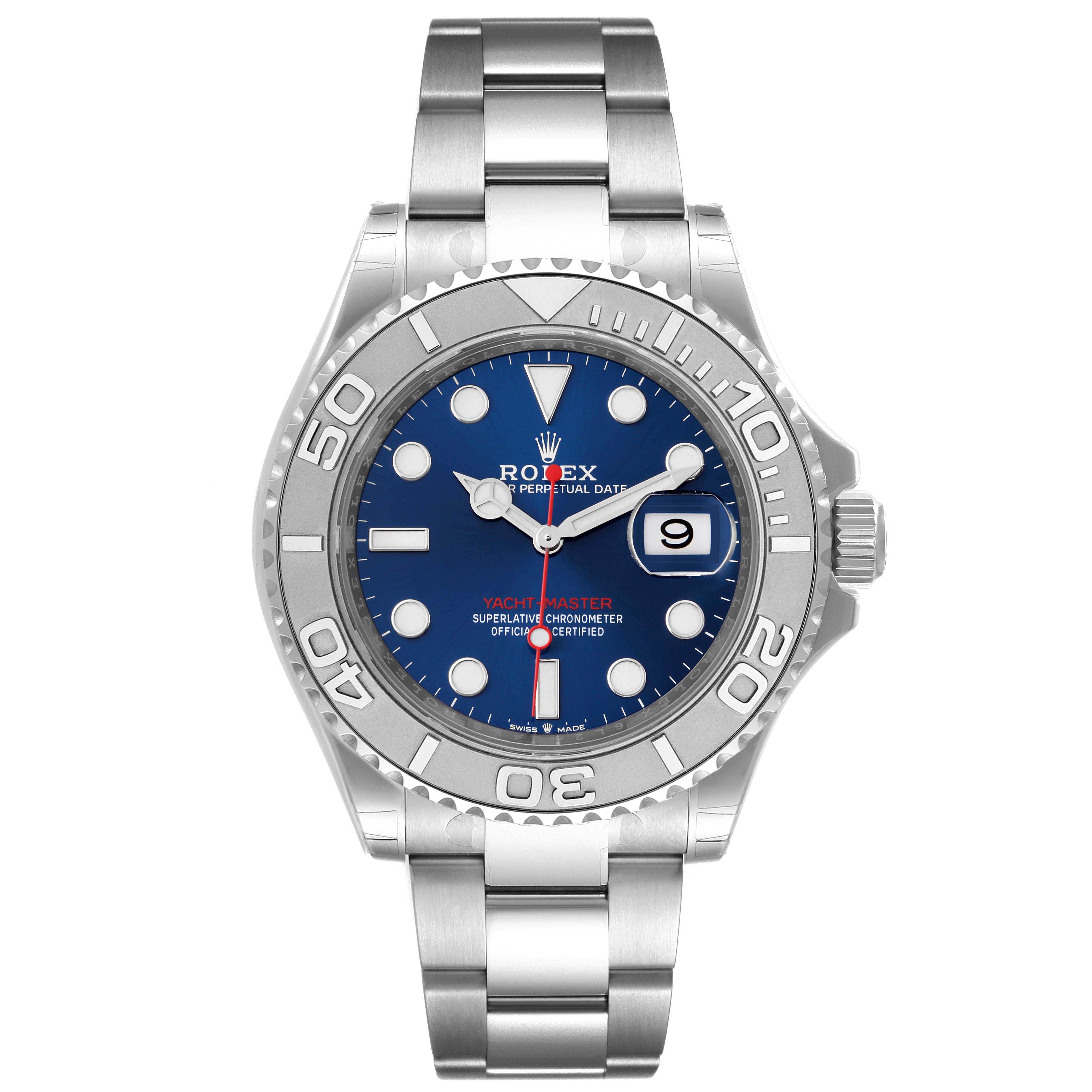 This image shows a front view of the Rolex Yacht-Master 126622 Men
s Stainless Steel Blue Dial 126622 Men
s Stainless Steel Blue Dial watch, displaying the dial, bezel, and bracelet.