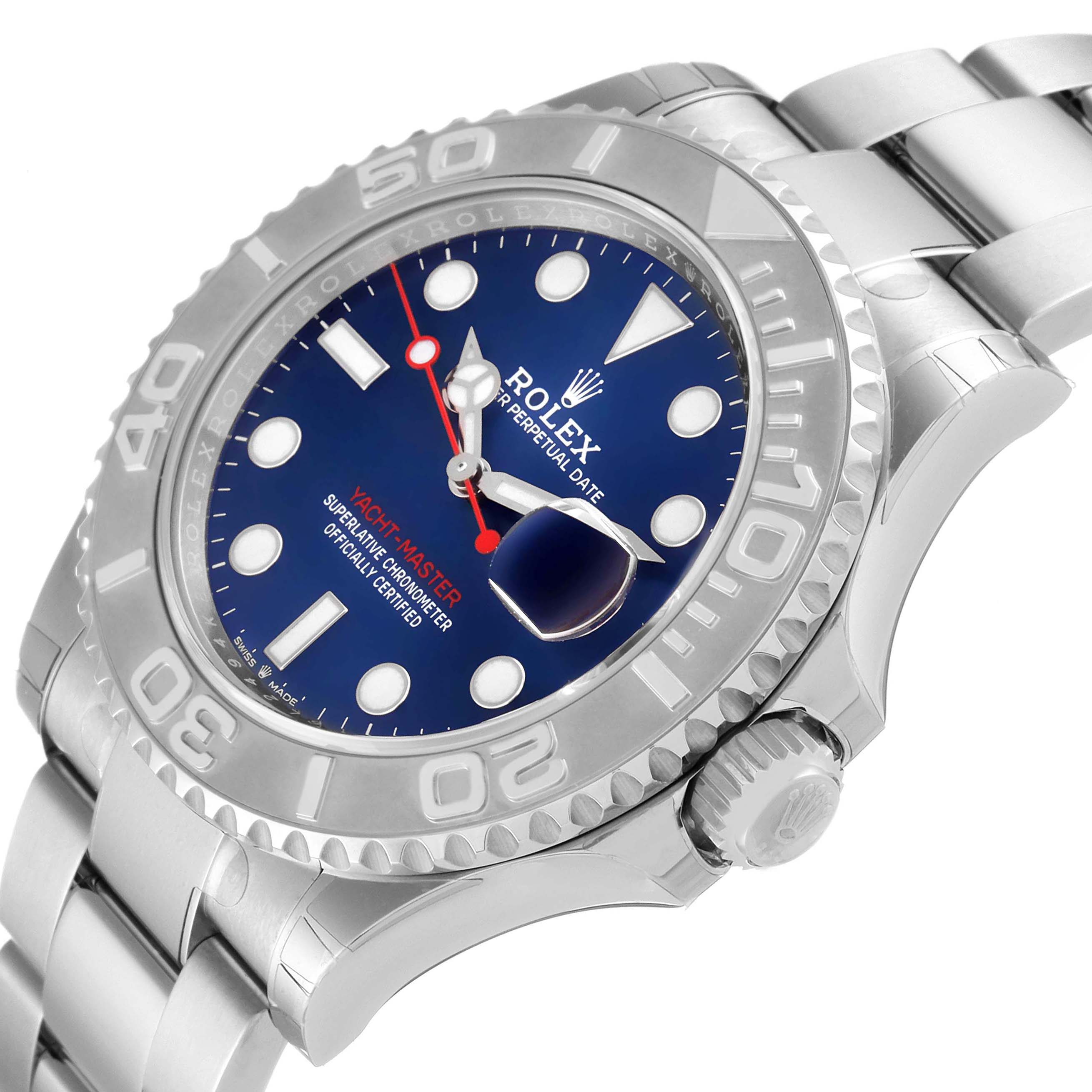 The image shows a Rolex Yacht-Master 126622 Men
s Stainless Steel Blue Dial 126622 Men
s Stainless Steel Blue Dial watch at an angled view, highlighting the face, bezel, crown, and bracelet.