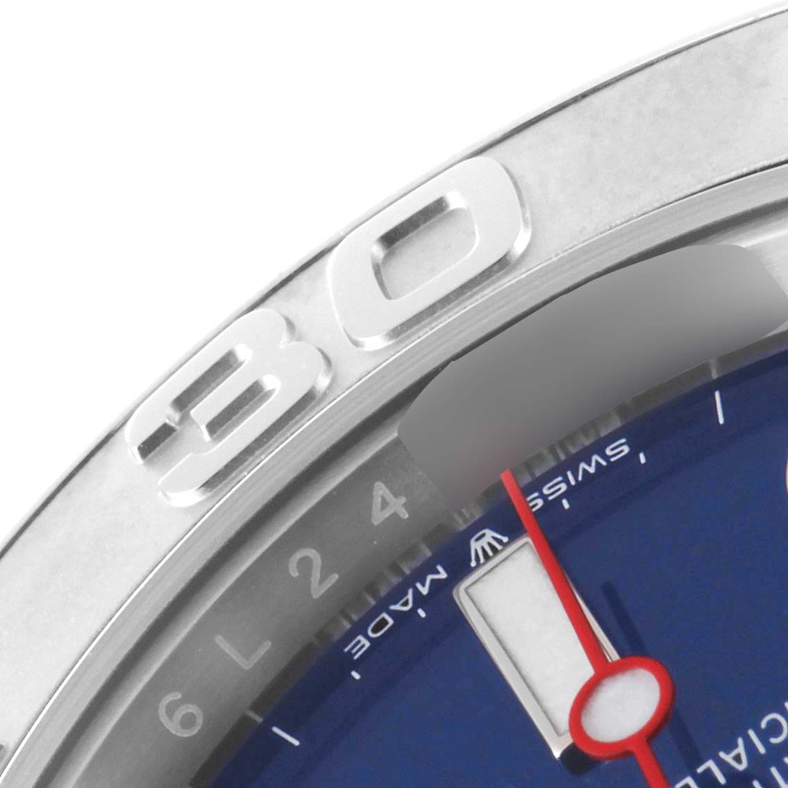 This image shows a close-up of the bezel and a portion of the dial of a Rolex Yacht-Master 126622 Men
s Stainless Steel Blue Dial 126622 Men
s Stainless Steel Blue Dial watch.