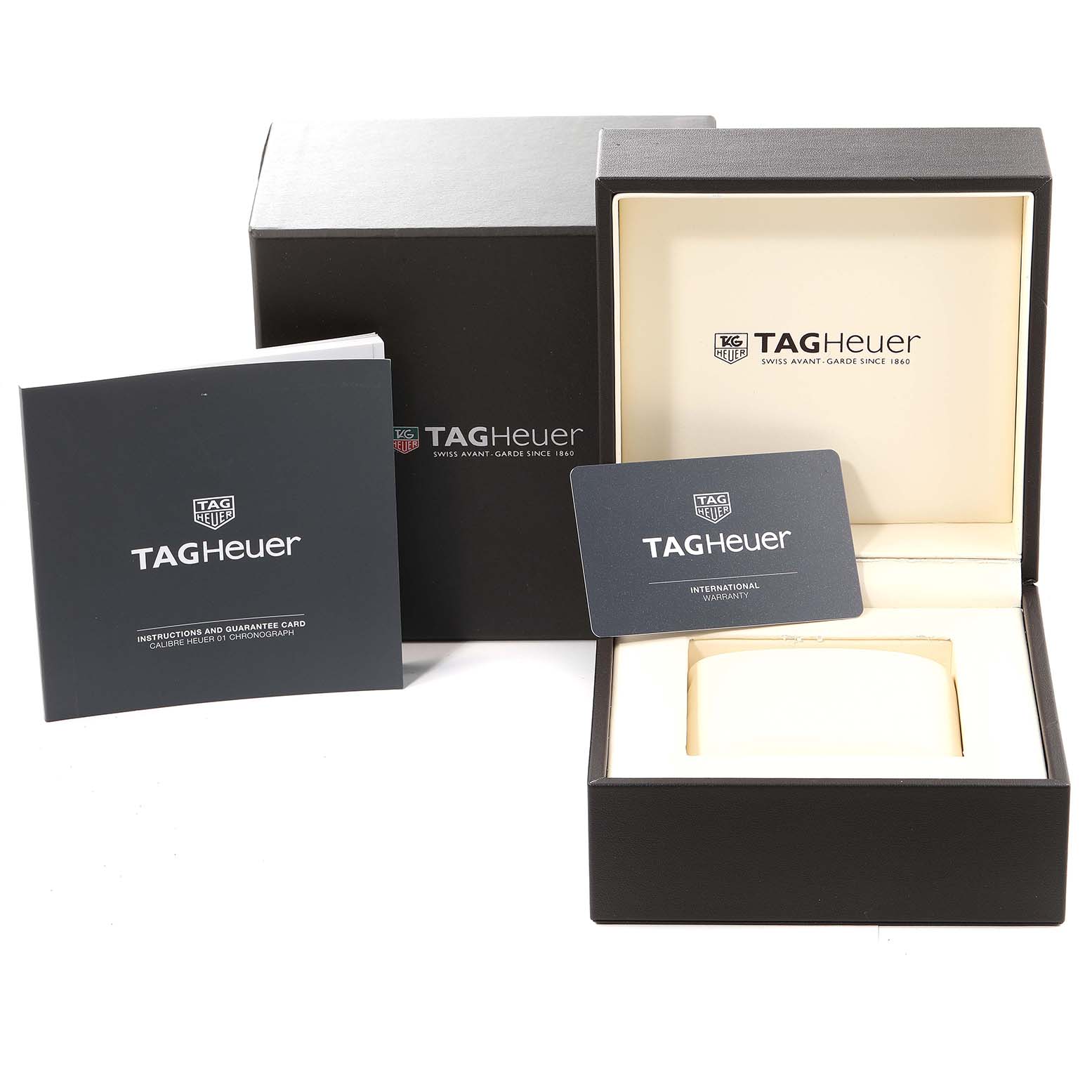 This image shows the packaging, manual, warranty card, and box for the Tag Heuer Carrera CAR2A1T Men
s Stainless Steel Black Dial CAR2A1T Men
s Stainless Steel Black Dial model watch.