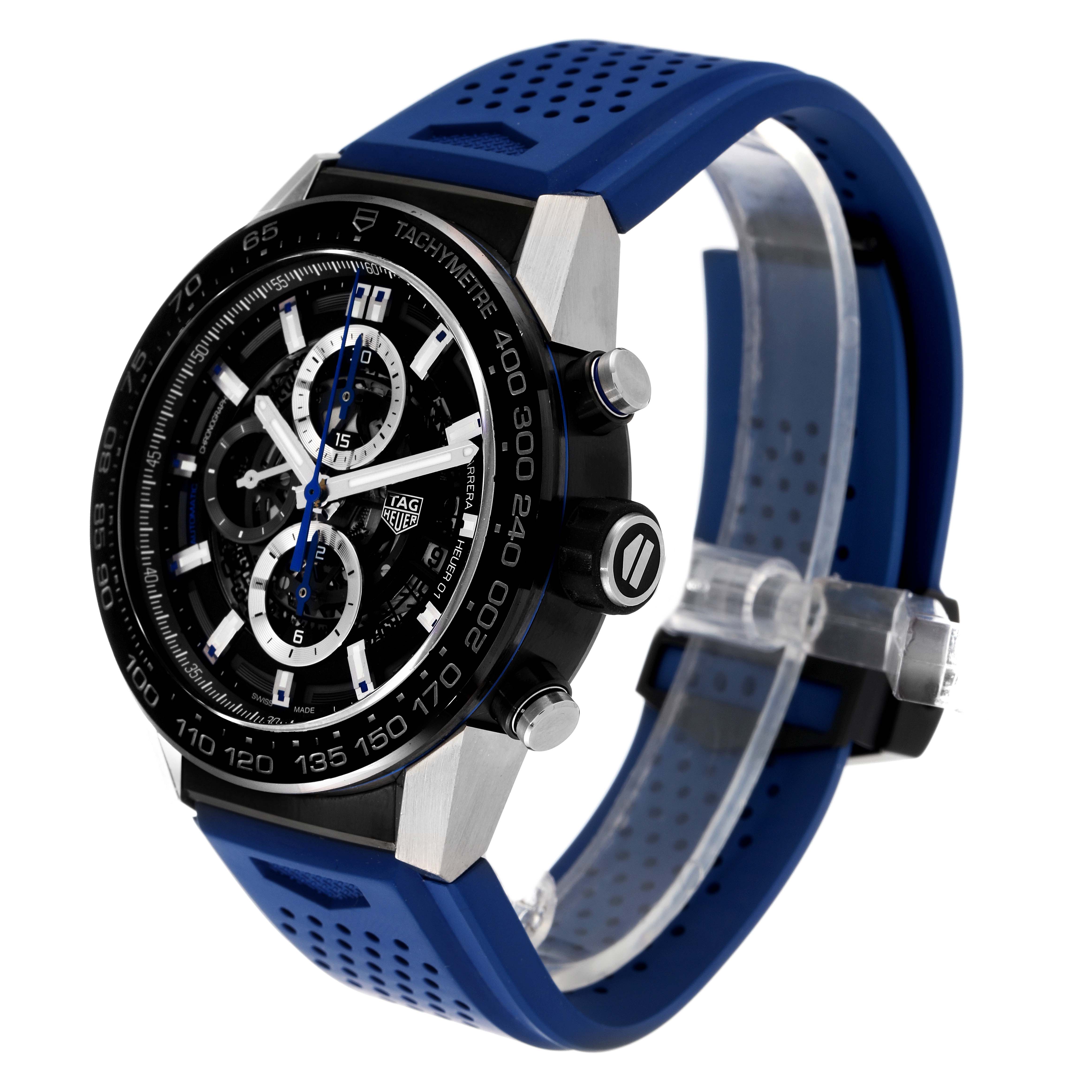 This image shows a side and angled view of the Tag Heuer Carrera CAR2A1T Men
s Stainless Steel Black Dial CAR2A1T Men
s Stainless Steel Black Dial watch, highlighting its blue strap and tachymeter bezel.