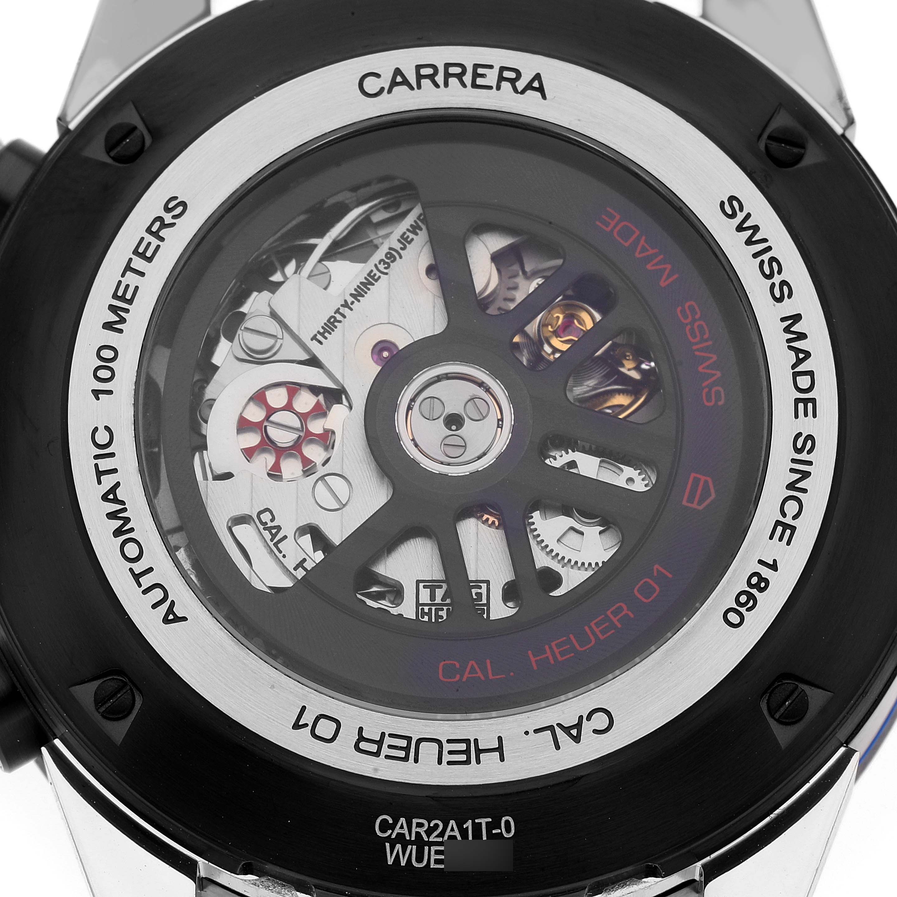 The image shows the back view of a Tag Heuer Carrera CAR2A1T Men
s Stainless Steel Black Dial CAR2A1T Men
s Stainless Steel Black Dial watch, displaying its automatic movement.