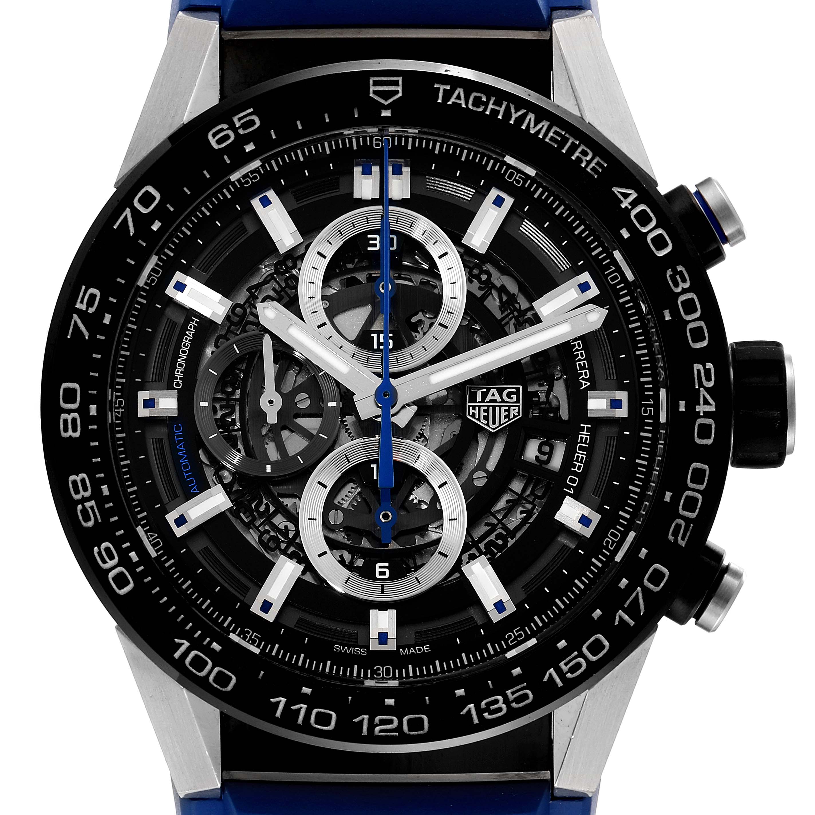 This image shows a close-up of the face of the Tag Heuer Carrera CAR2A1T Men
s Stainless Steel Black Dial CAR2A1T Men
s Stainless Steel Black Dial watch, highlighting its detailed dial, tachymeter, and subdials.