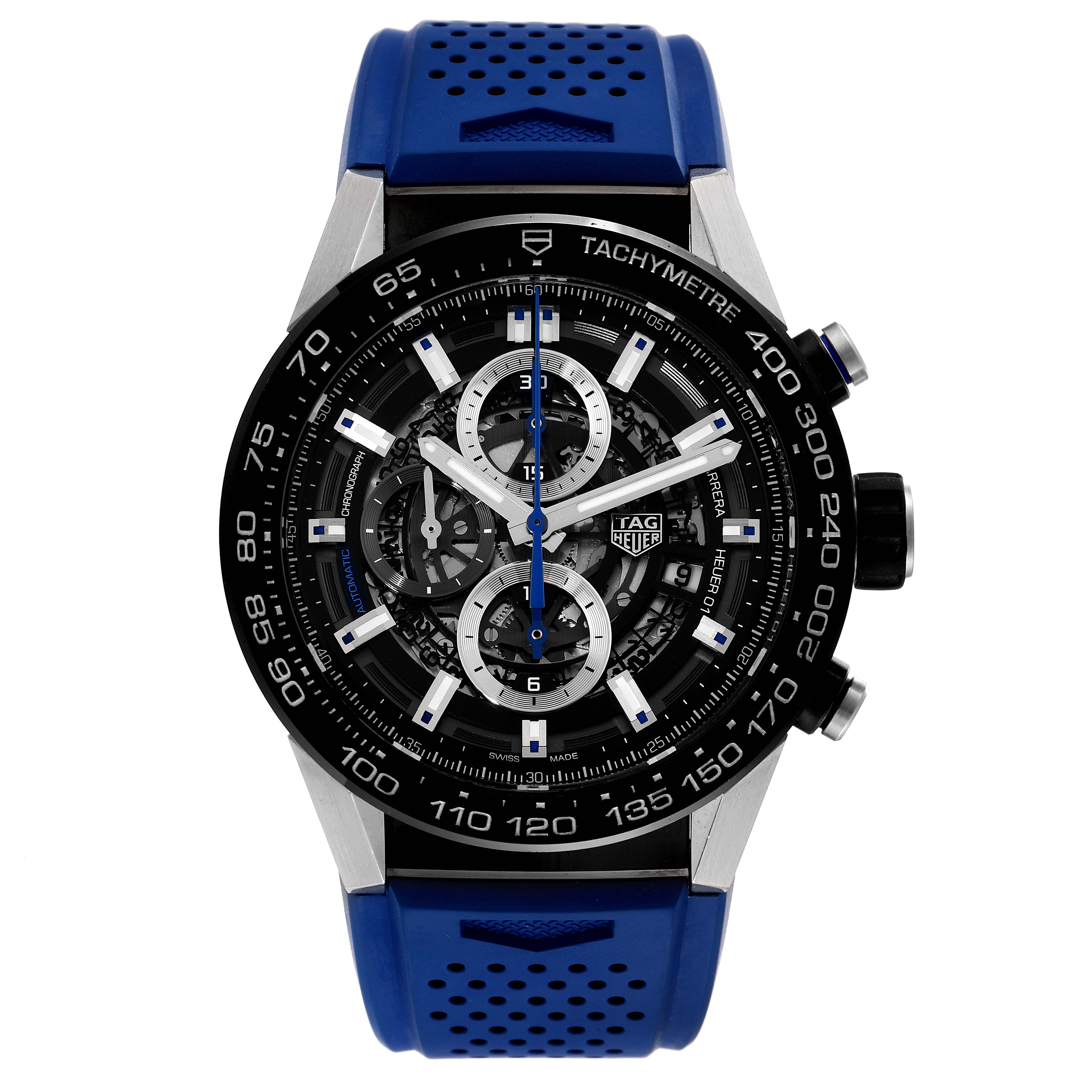 This image shows a Tag Heuer Carrera CAR2A1T Men
s Stainless Steel Black Dial CAR2A1T Men
s Stainless Steel Black Dial watch from the front, highlighting the face, bezel, and blue strap.