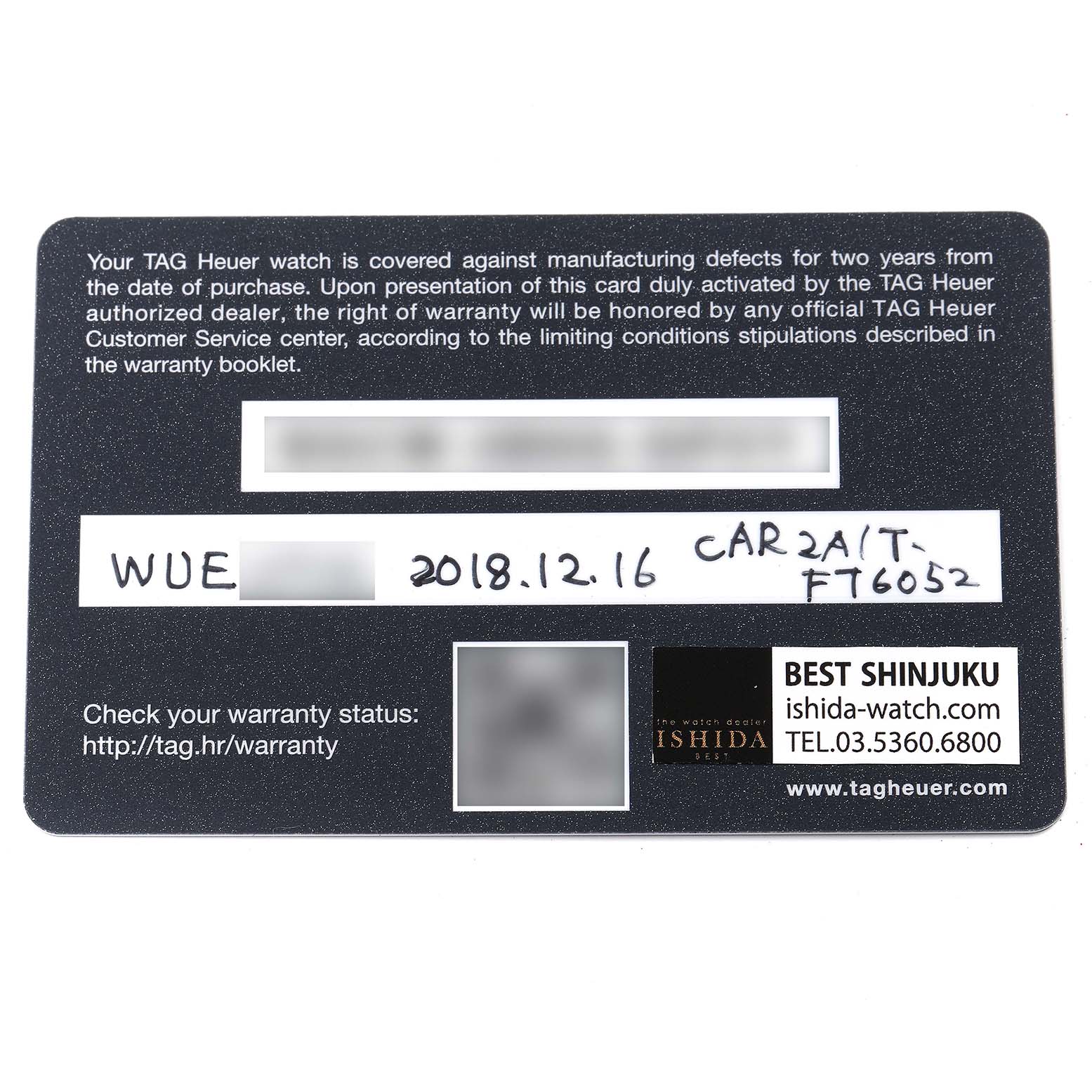 This image shows the warranty card for a Tag Heuer Carrera CAR2A1T Men
s Stainless Steel Black Dial CAR2A1T Men
s Stainless Steel Black Dial model watch.