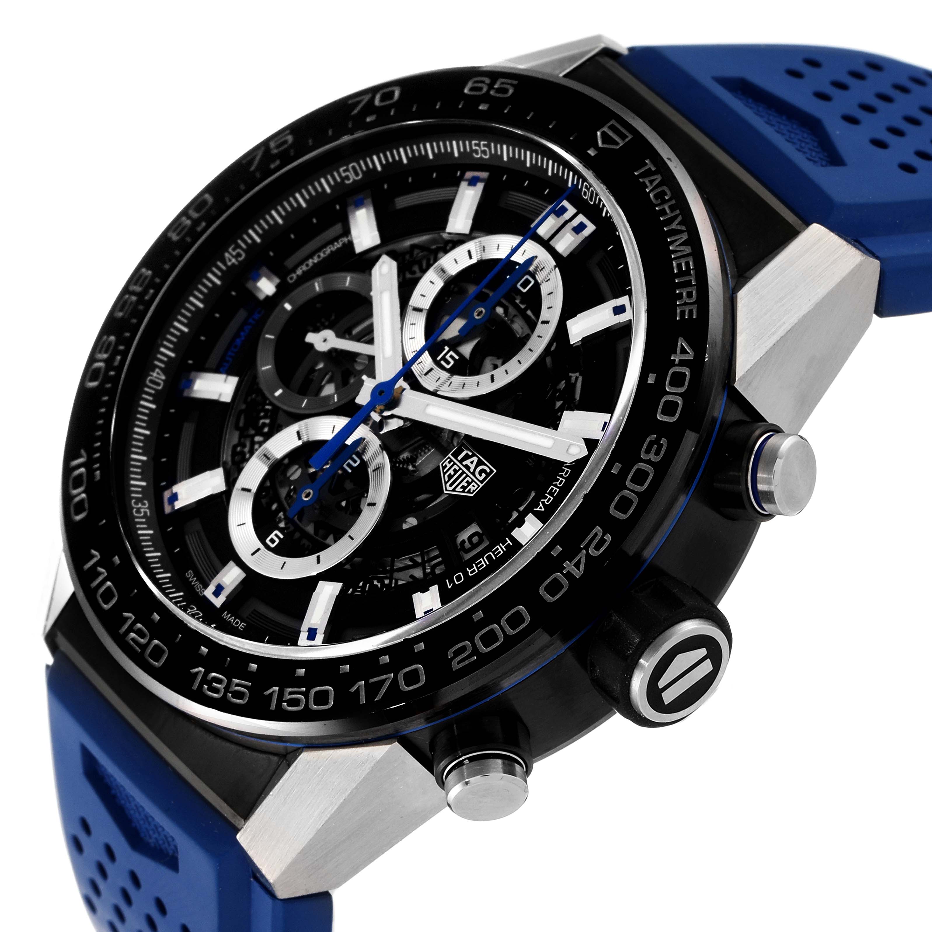 This image shows a close-up, angled view of the face and side of the Tag Heuer Carrera CAR2A1T Men
s Stainless Steel Black Dial CAR2A1T Men
s Stainless Steel Black Dial watch with a blue strap.