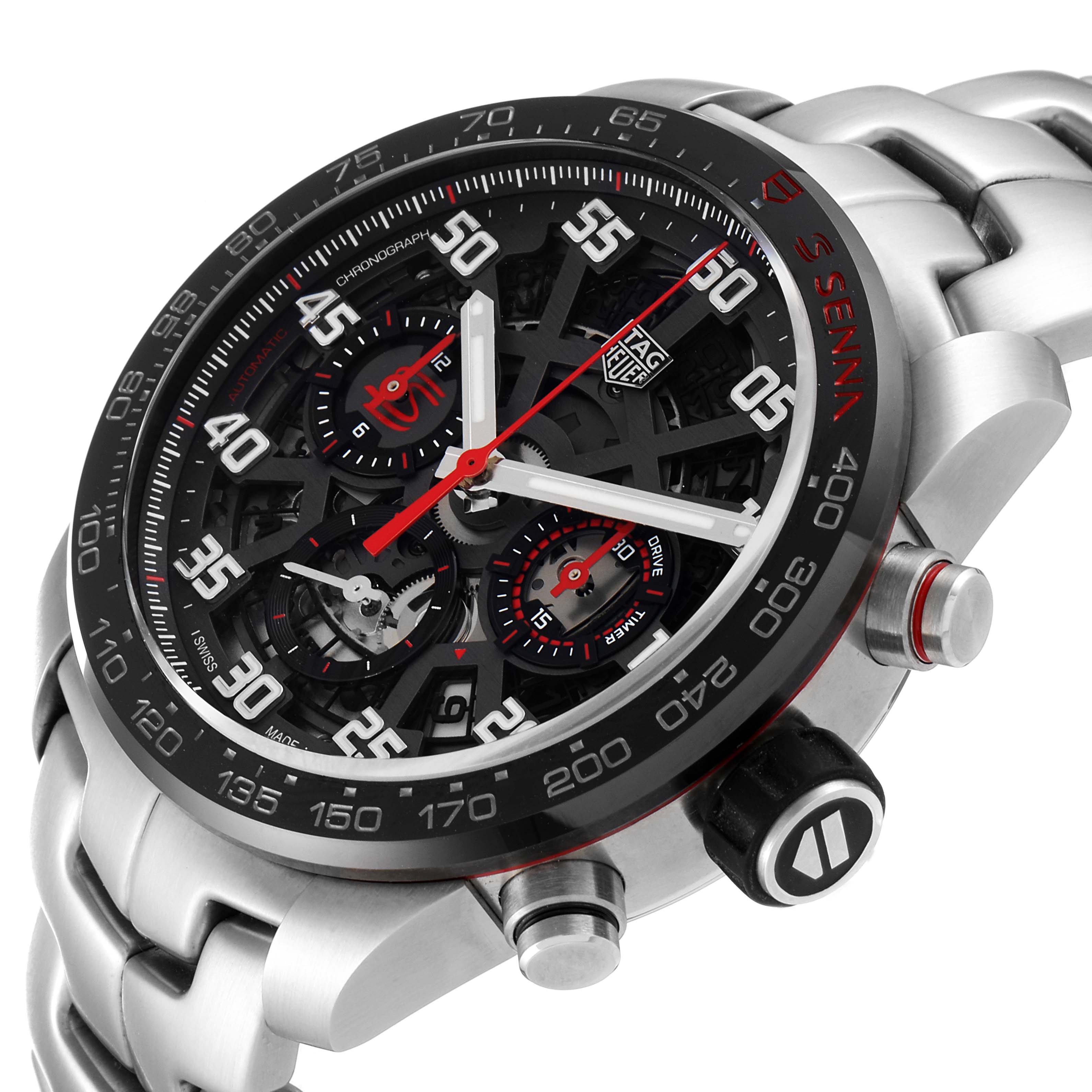 The image shows a Tag Heuer Carrera CBG2013 Men's Stainless Steel Transparent Dial CBG2013 Men's Stainless Steel Transparent Dial watch from a front angle, highlighting the face, bezel, and part of the metal strap.