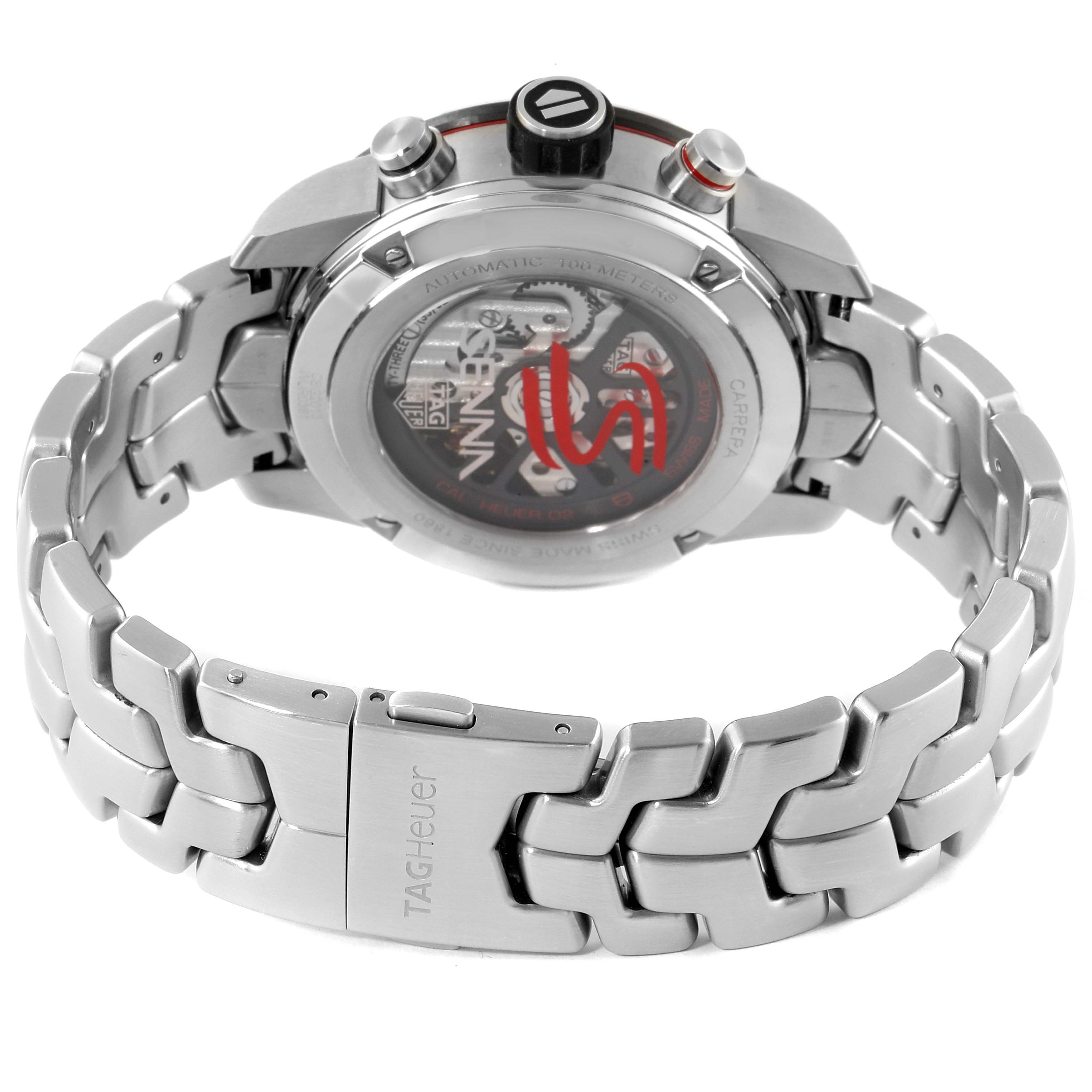 The image shows the back and bracelet of the Tag Heuer Carrera CBG2013 Men's Stainless Steel Transparent Dial CBG2013 Men's Stainless Steel Transparent Dial watch, highlighting its clasp and movement through the transparent case back.