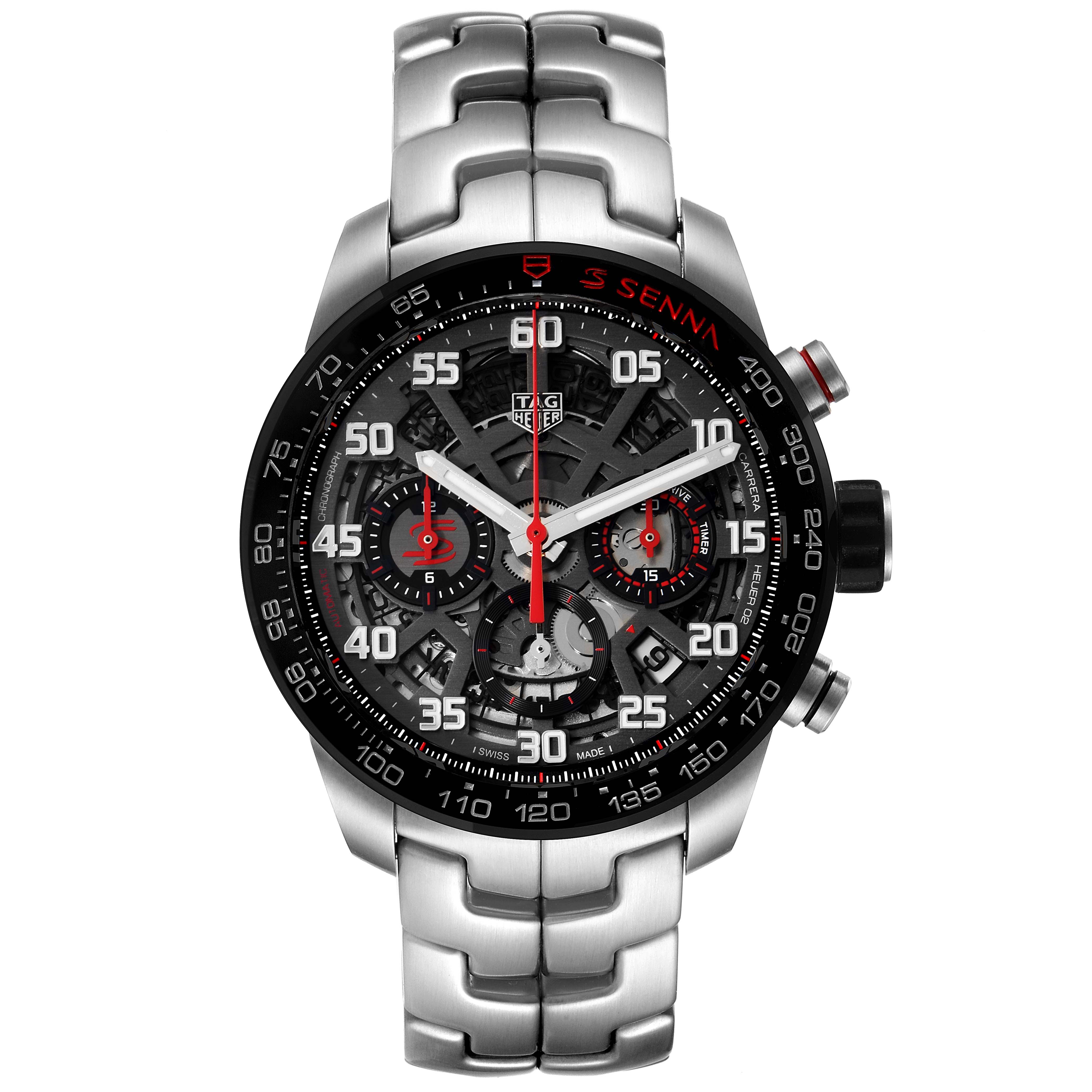 This image shows a frontal view of the Tag Heuer Carrera CBG2013 Men's Stainless Steel Transparent Dial CBG2013 Men's Stainless Steel Transparent Dial watch, featuring a stainless steel band and detailed chronograph dial.