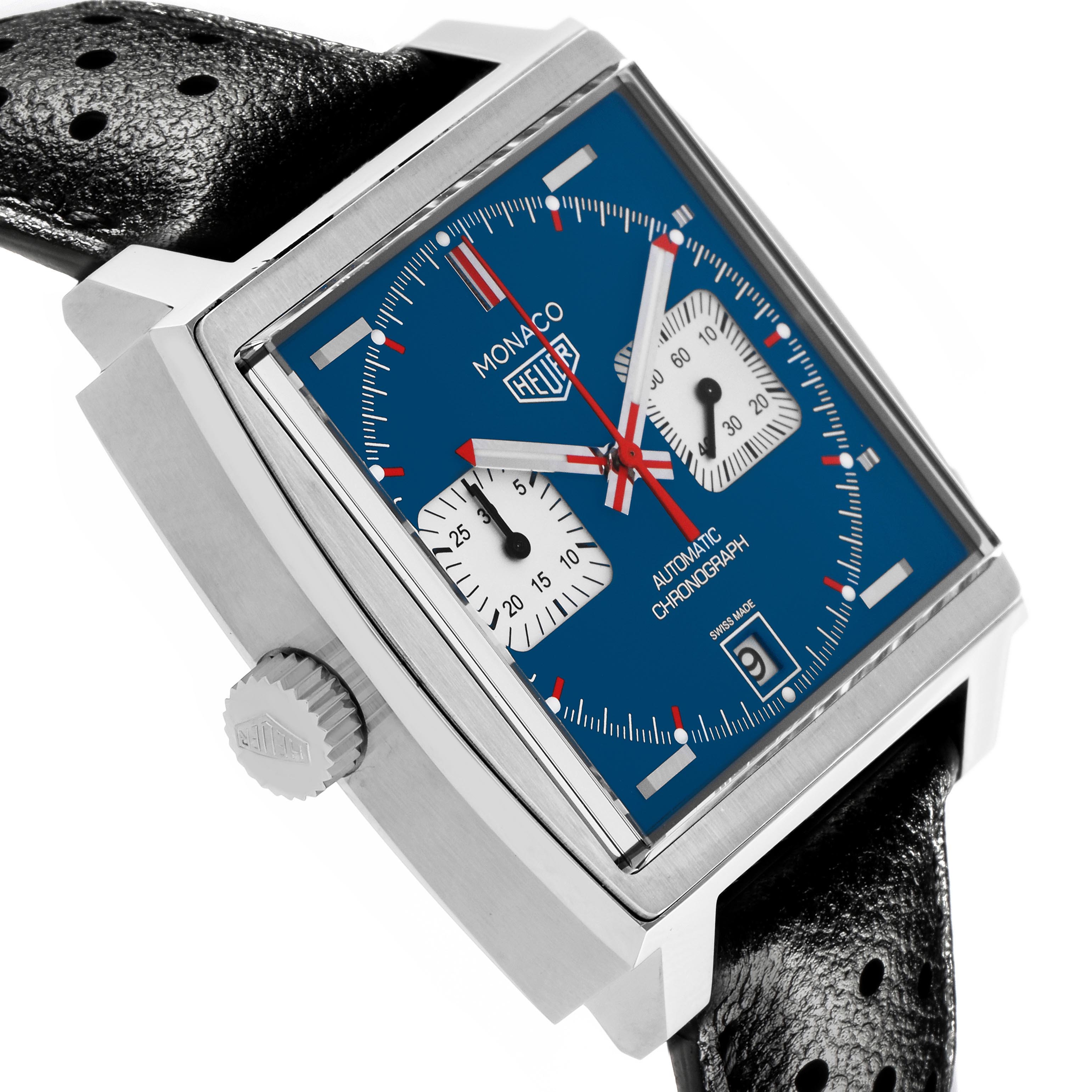 The Tag Heuer Monaco CAW211P.FC6356 Men's Stainless Steel Blue Dial CAW211P.FC6356 Men's Stainless Steel Blue Dial watch is shown at an angled side view, highlighting the square case, dial, crown, and leather strap.
