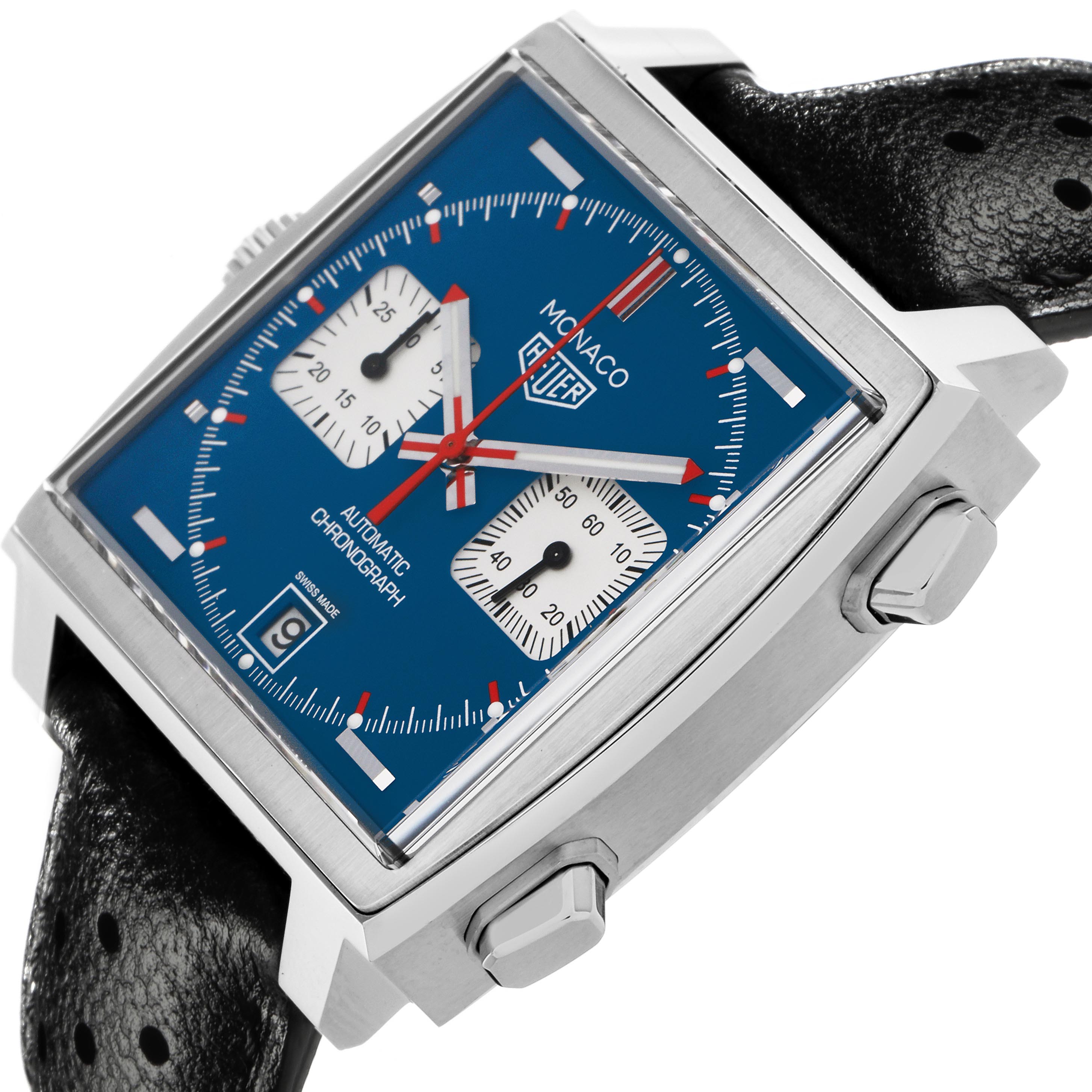 The Tag Heuer Monaco CAW211P.FC6356 Men's Stainless Steel Blue Dial CAW211P.FC6356 Men's Stainless Steel Blue Dial watch is shown at an angle revealing the blue face, sub-dials, pushers, and perforated leather strap.