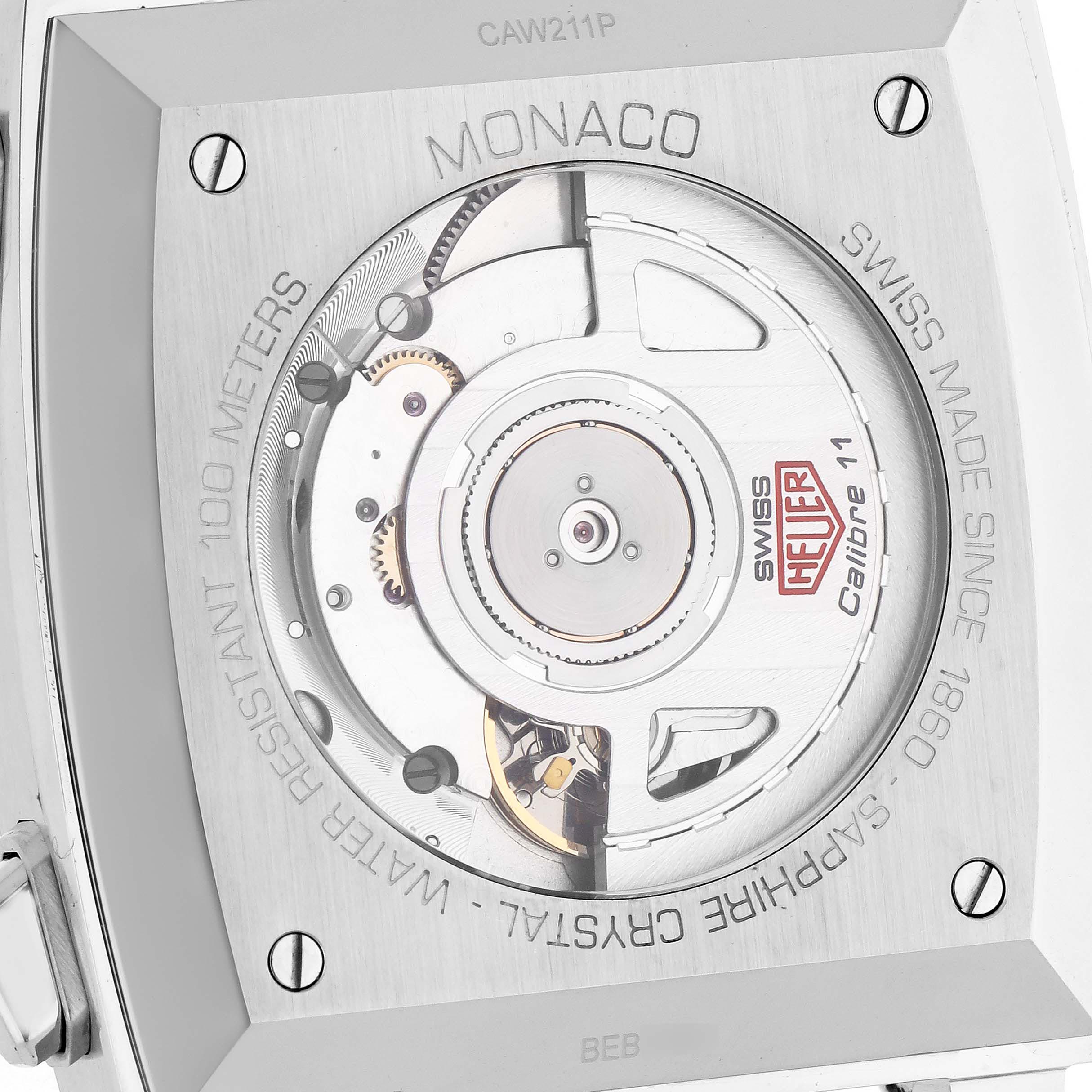 The image shows the back of the Tag Heuer Monaco CAW211P.FC6356 Men's Stainless Steel Blue Dial CAW211P.FC6356 Men's Stainless Steel Blue Dial watch, revealing the Calibre 11 movement and case markings from a straight-on angle.