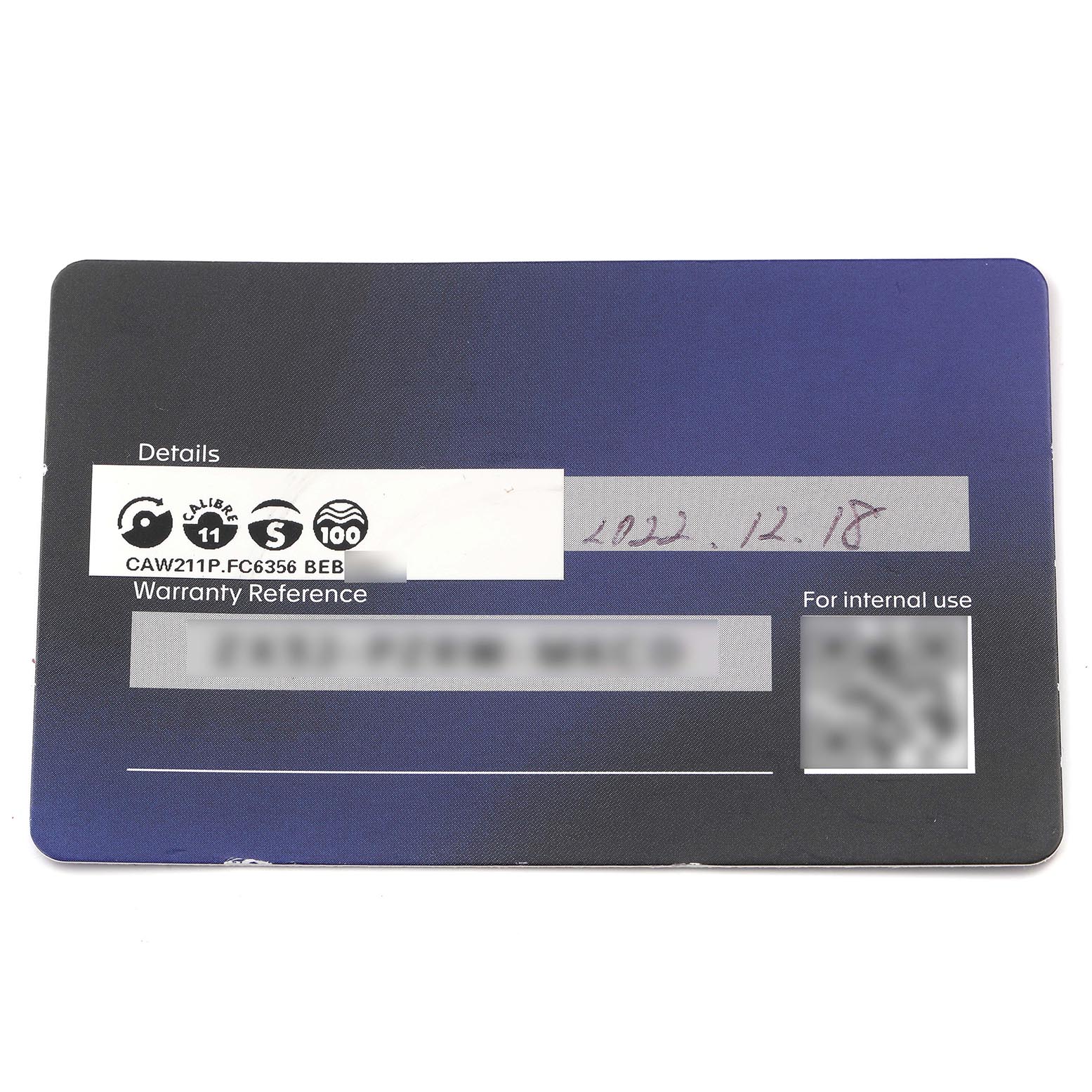 The image shows a warranty card for the Tag Heuer Monaco CAW211P.FC6356 Men's Stainless Steel Blue Dial CAW211P.FC6356 Men's Stainless Steel Blue Dial model, including details like caliber and reference number.