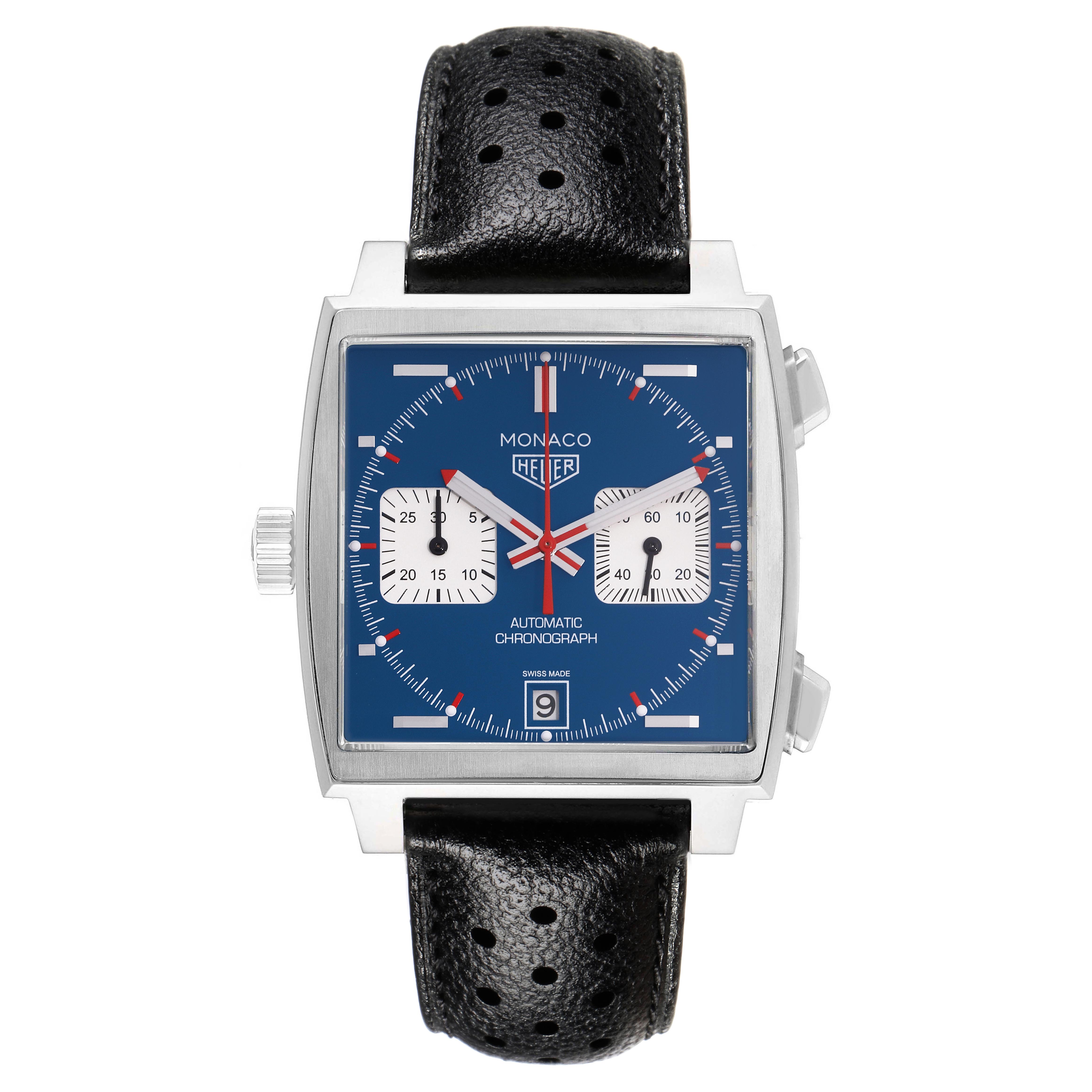 The Tag Heuer Monaco CAW211P.FC6356 Men's Stainless Steel Blue Dial CAW211P.FC6356 Men's Stainless Steel Blue Dial watch is shown from the front, displaying its square face, blue dial, and black strap.