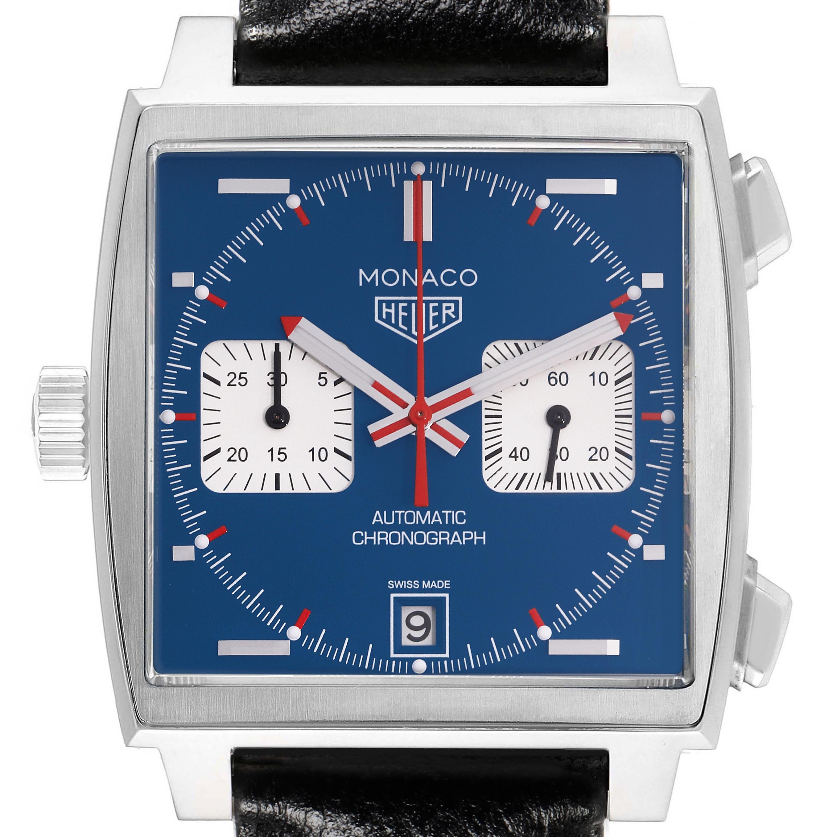 The Tag Heuer Monaco CAW211P.FC6356 Men's Stainless Steel Blue Dial CAW211P.FC6356 Men's Stainless Steel Blue Dial watch is shown from the front, displaying the dial, crown, and strap attachments.