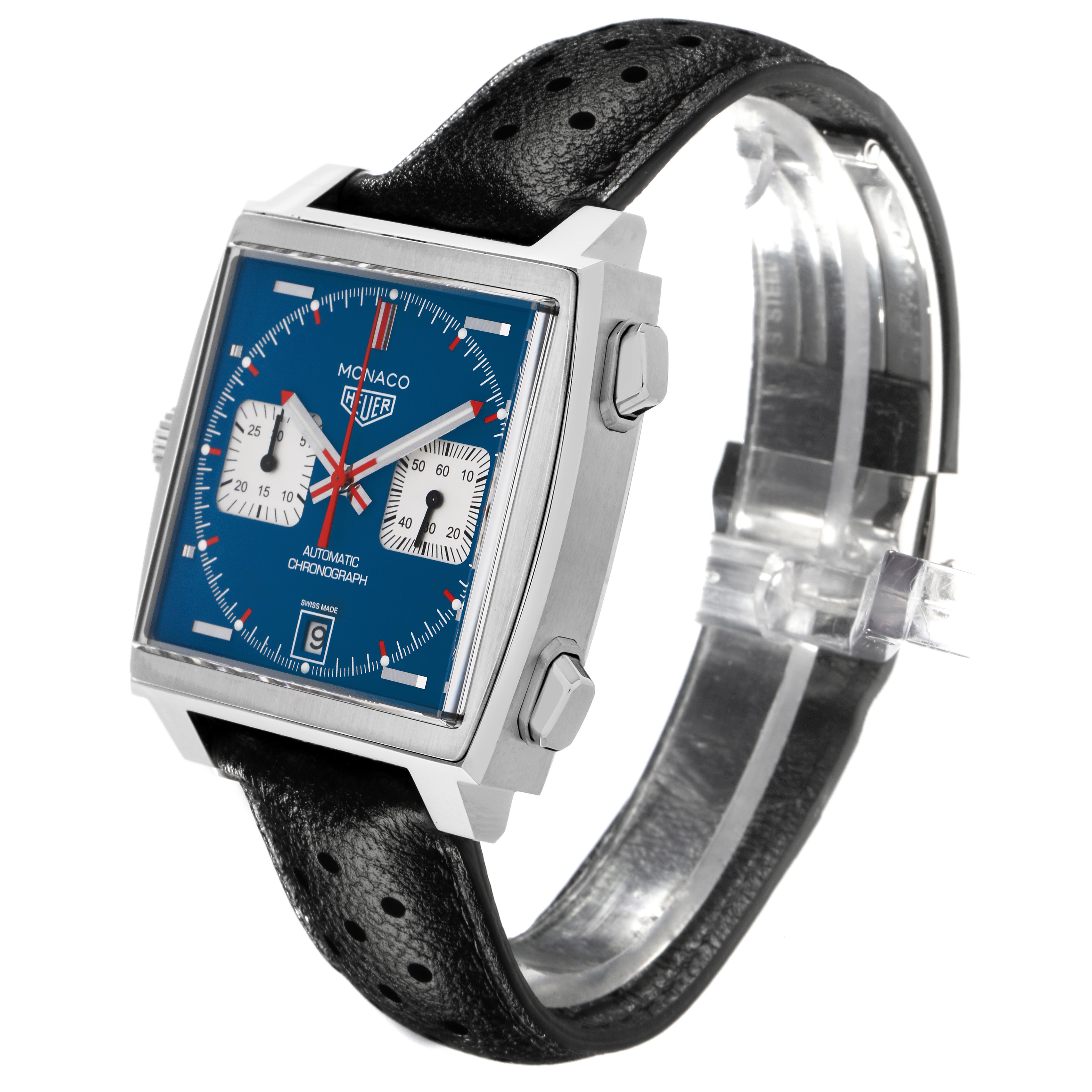 The image shows a Tag Heuer Monaco CAW211P.FC6356 Men's Stainless Steel Blue Dial CAW211P.FC6356 Men's Stainless Steel Blue Dial watch from a front angle, highlighting the case, dial, and black leather strap.