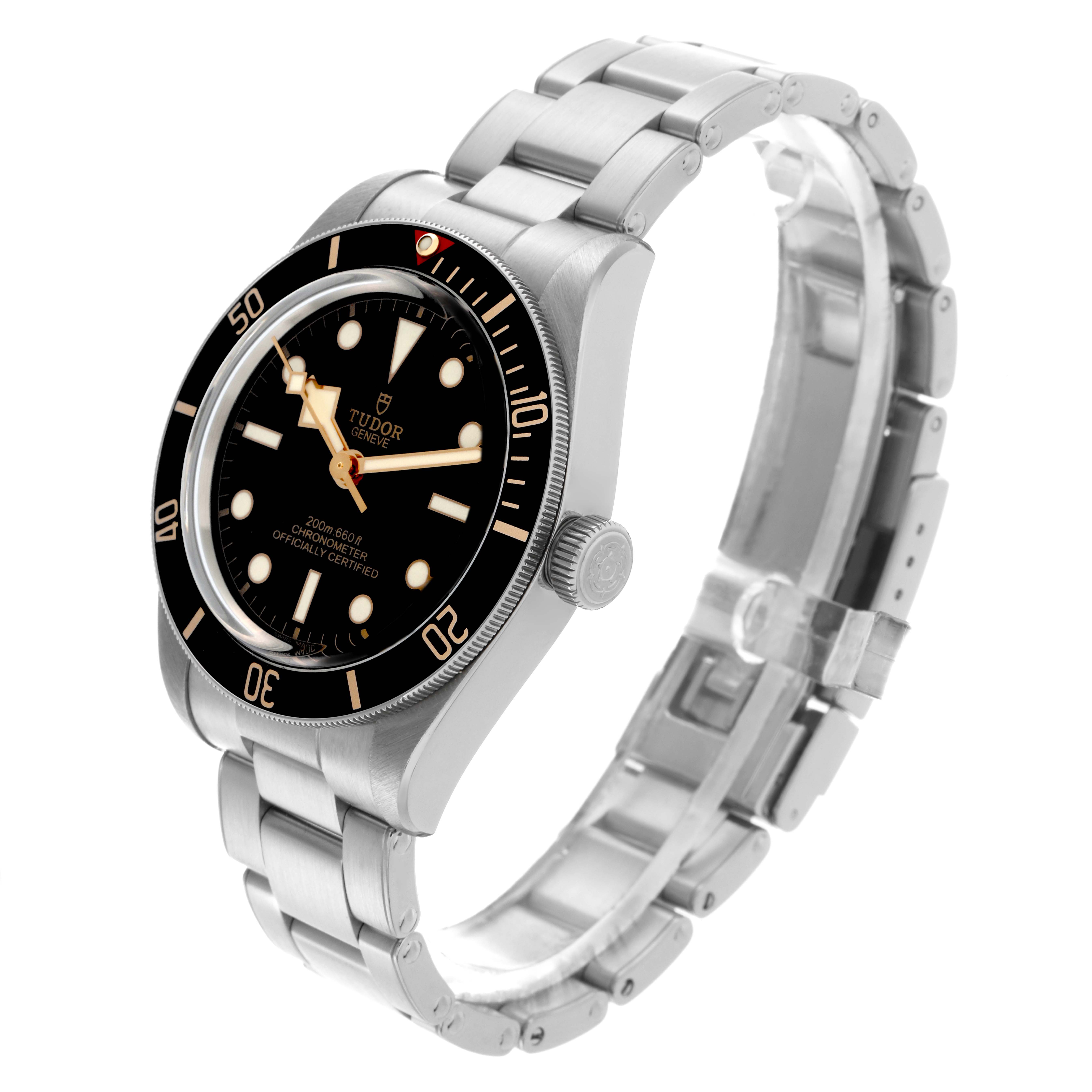 The Tudor Heritage Black Bay 79030N Men's Stainless Steel Black Dial 79030N Men's Stainless Steel Black Dial watch is shown at an angled view, displaying the face, bezel, crown, and bracelet.