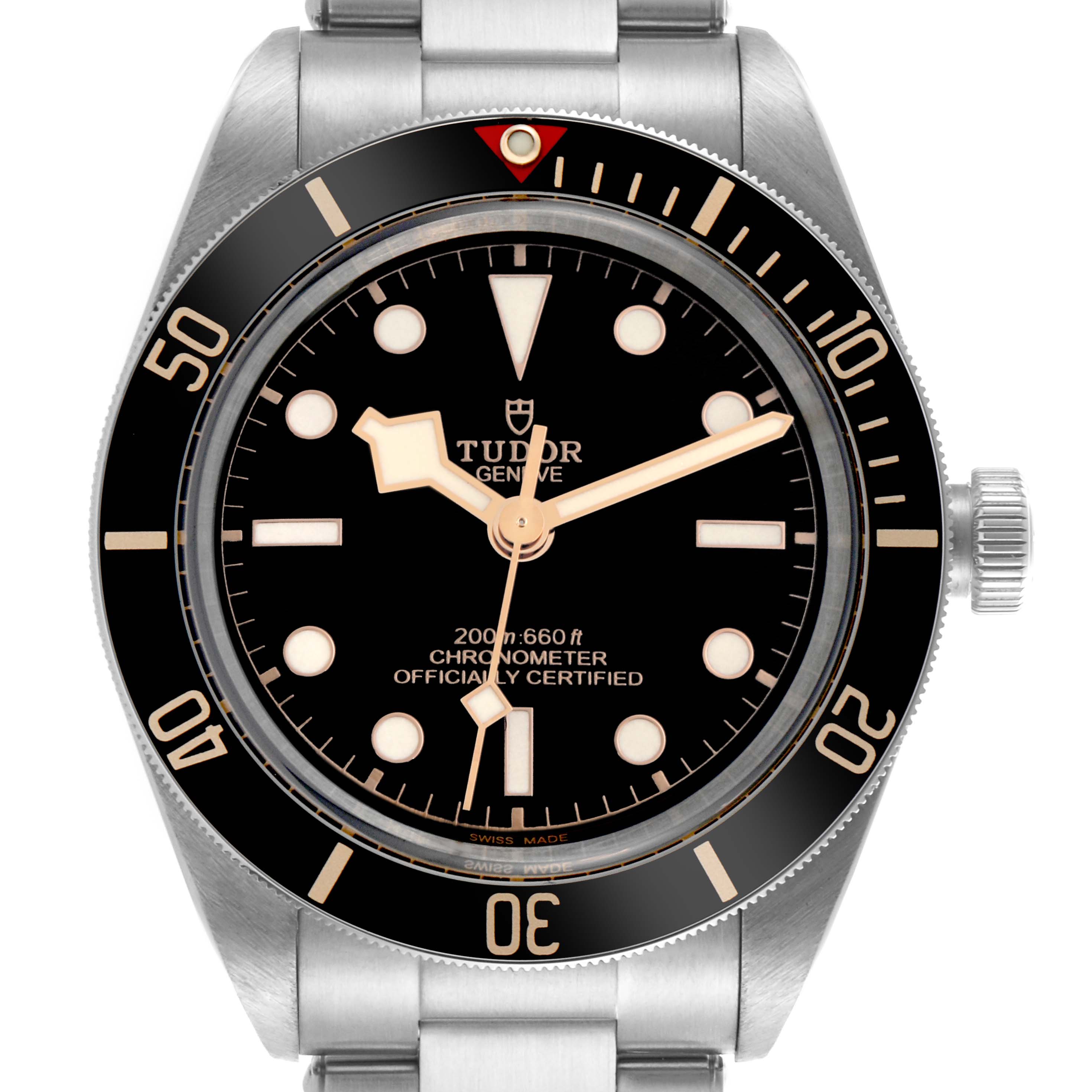 The Tudor Heritage Black Bay 79030N Men's Stainless Steel Black Dial 79030N Men's Stainless Steel Black Dial watch is shown from the front, displaying the dial, bezel, crown, and part of the bracelet.