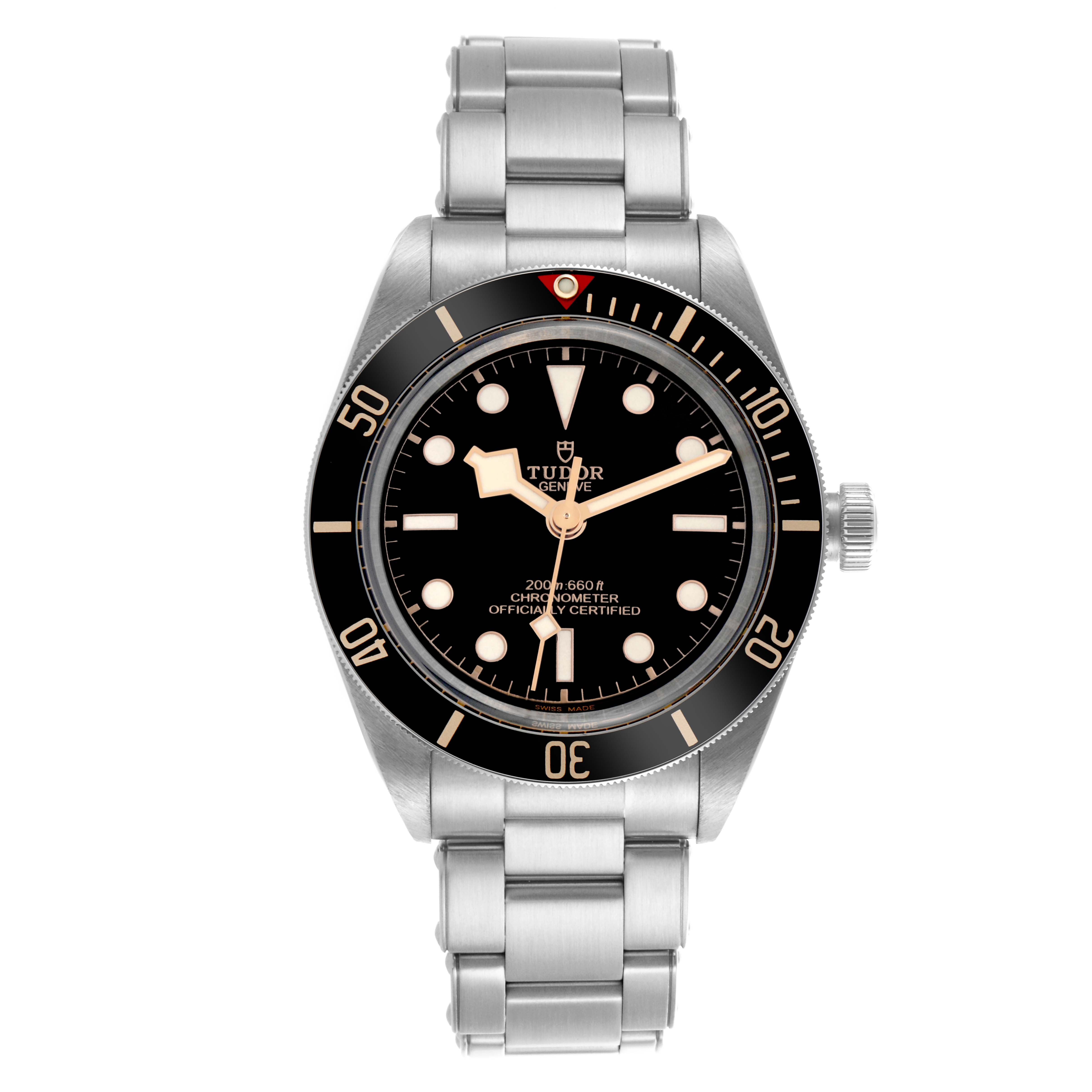 The Tudor Heritage Black Bay 79030N Men's Stainless Steel Black Dial 79030N Men's Stainless Steel Black Dial watch is shown from a top-down angle, displaying the face, bezel, and bracelet.