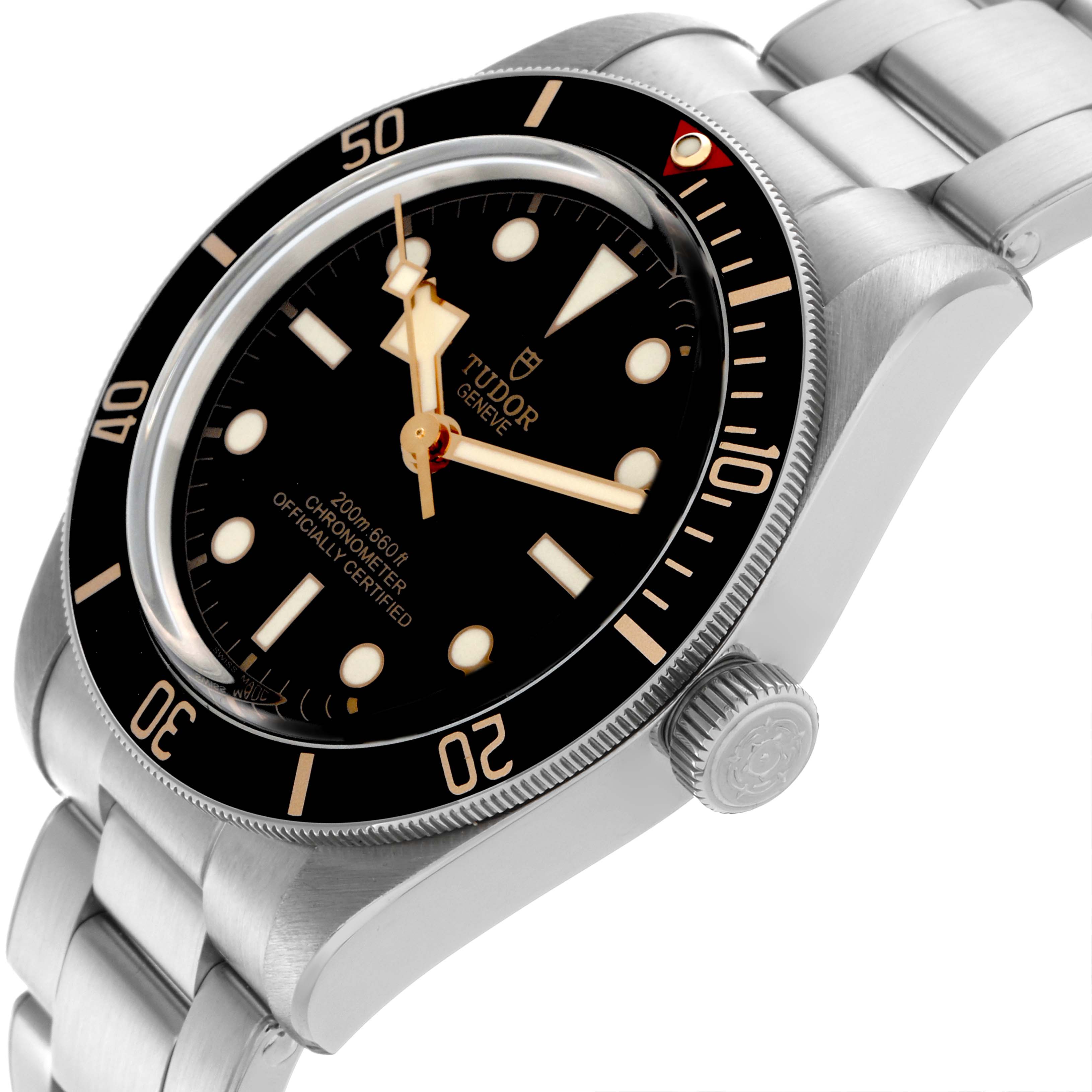 The Tudor Heritage Black Bay 79030N Men's Stainless Steel Black Dial 79030N Men's Stainless Steel Black Dial watch is shown at an angled side view, highlighting the dial, bezel, crown, and bracelet.