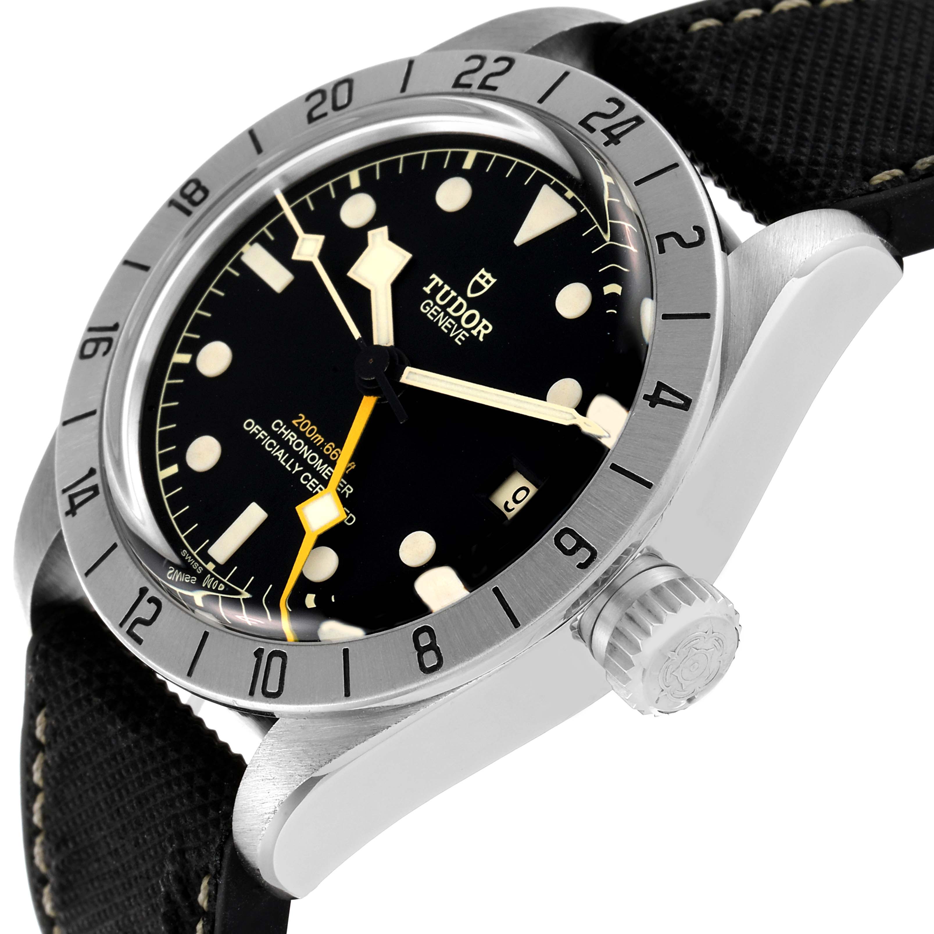 The image shows a Tudor Heritage Black Bay M79470-0003 Men
s Stainless Steel Black Dial M79470-0003 Men
s Stainless Steel Black Dial watch at a side-angle, highlighting its bezel, dial, crown, and strap.