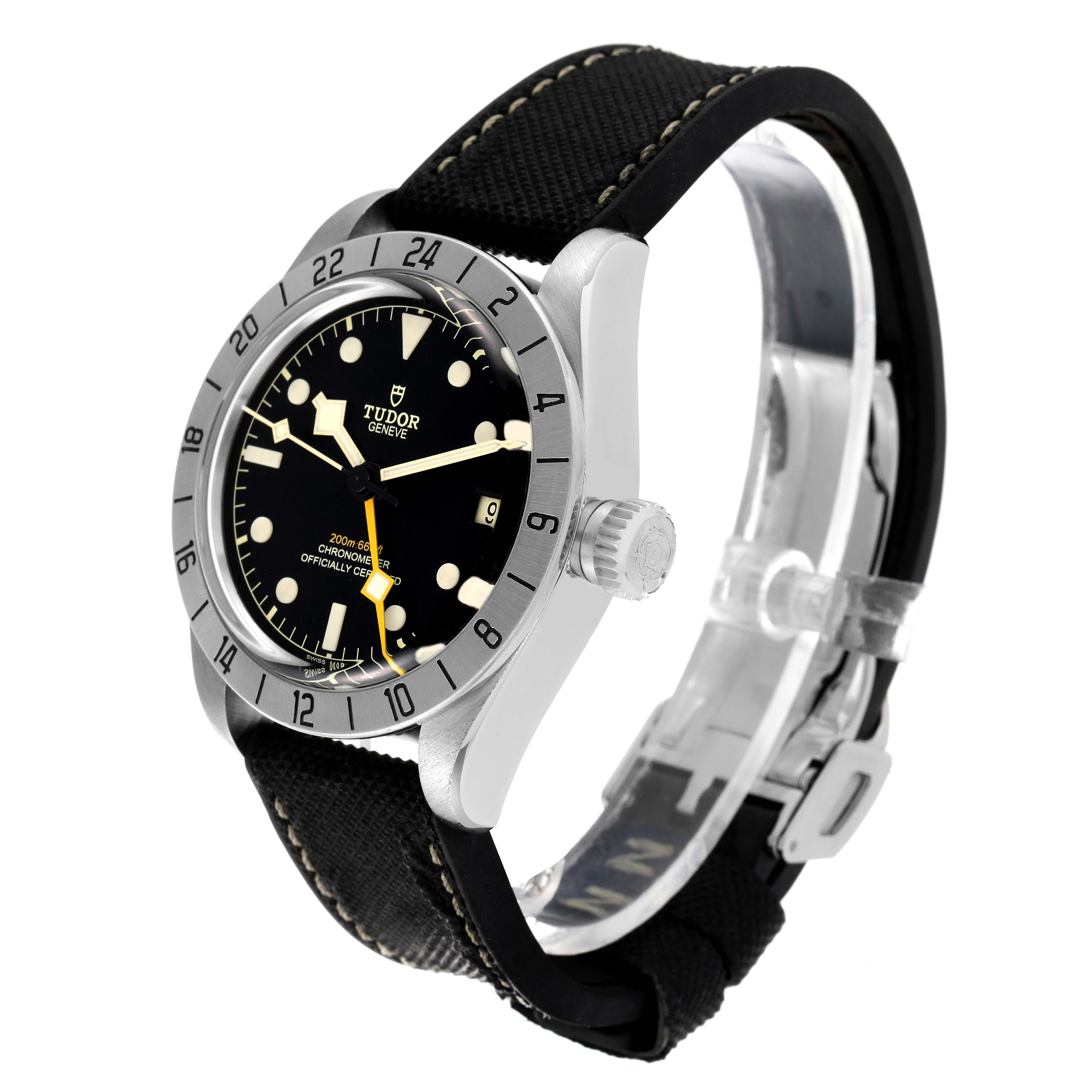 The Tudor Heritage Black Bay M79470-0003 Men
s Stainless Steel Black Dial M79470-0003 Men
s Stainless Steel Black Dial watch is shown at a three-quarter angle, displaying the dial, bezel, crown, and partially the strap.