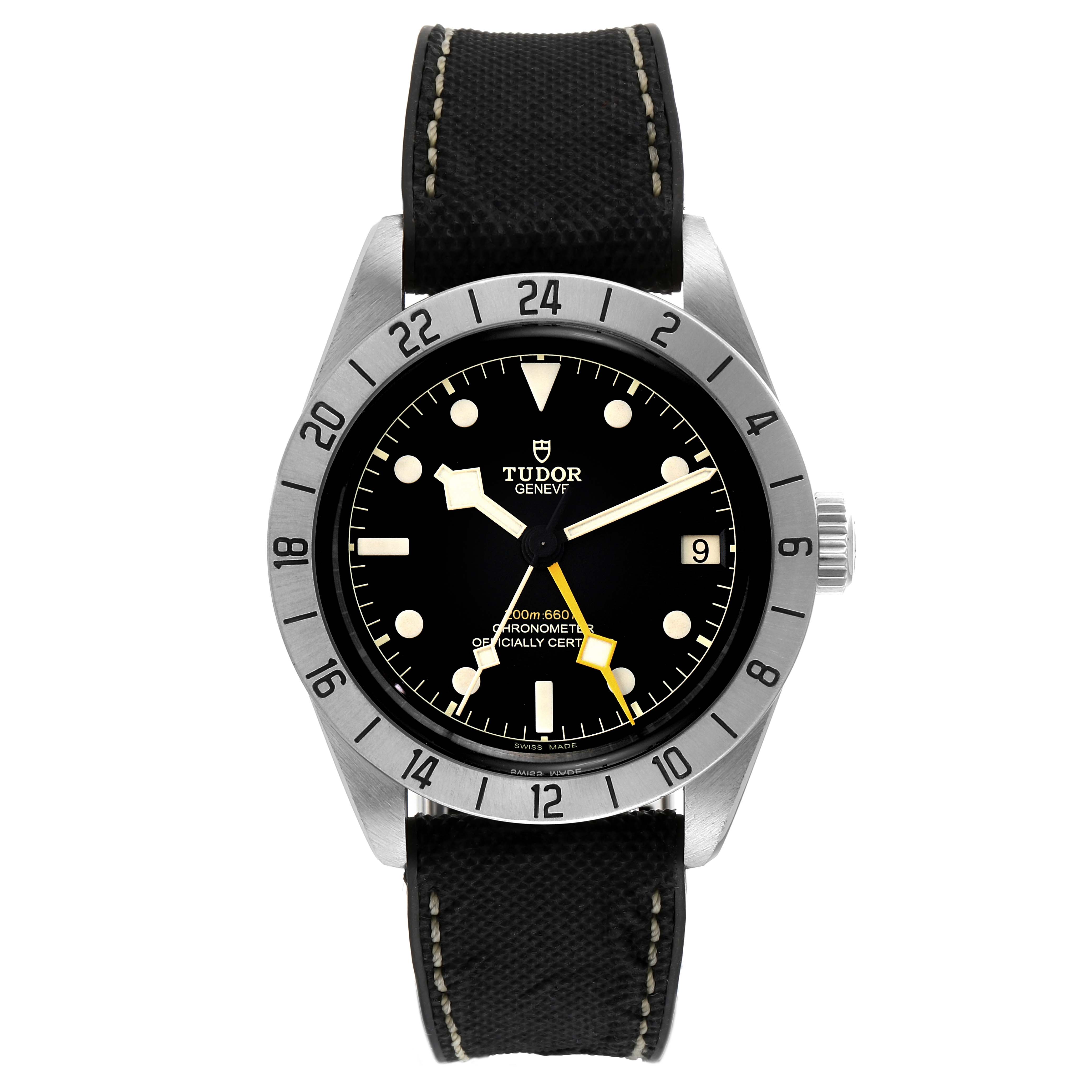 This image shows a front view of the Tudor Heritage Black Bay M79470-0003 Men
s Stainless Steel Black Dial M79470-0003 Men
s Stainless Steel Black Dial watch, displaying the face, bezel, crown, and strap.