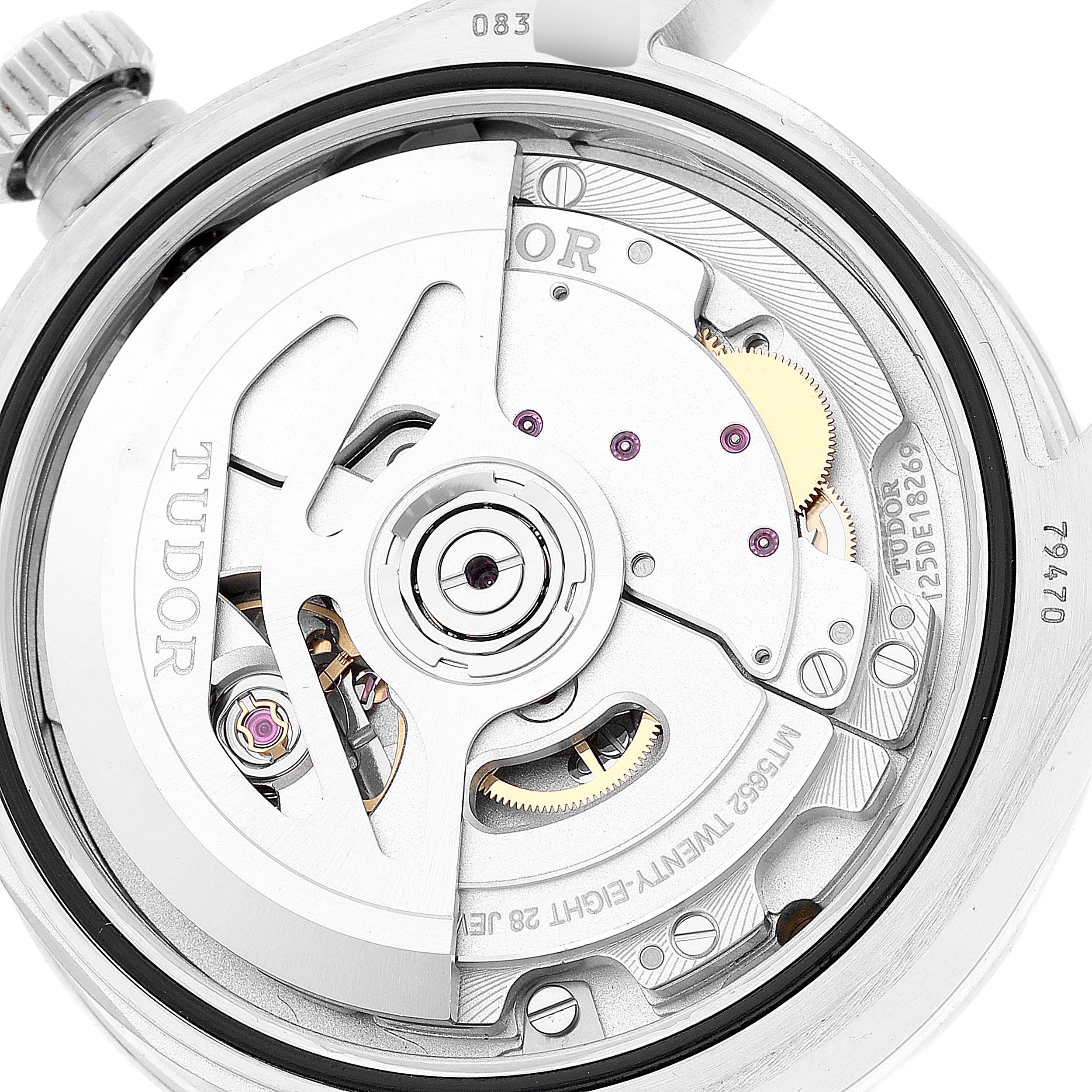 The image shows the movement and internal mechanism of the Tudor Heritage Black Bay M79470-0003 Men
s Stainless Steel Black Dial M79470-0003 Men
s Stainless Steel Black Dial watch viewed from the back.