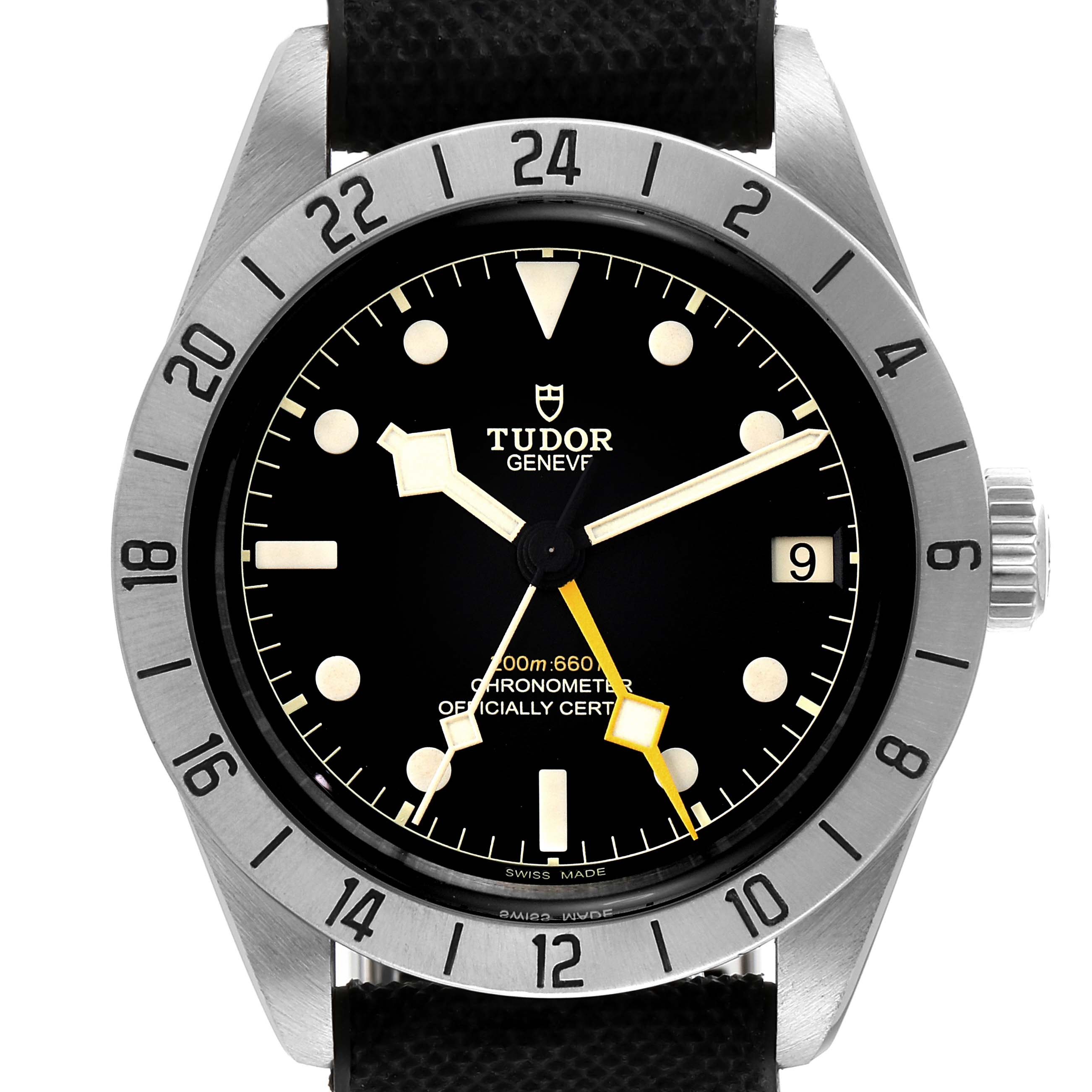 The Tudor Heritage Black Bay M79470-0003 Men
s Stainless Steel Black Dial M79470-0003 Men
s Stainless Steel Black Dial watch is shown front-facing, displaying the dial, bezel, crown, and part of the strap.