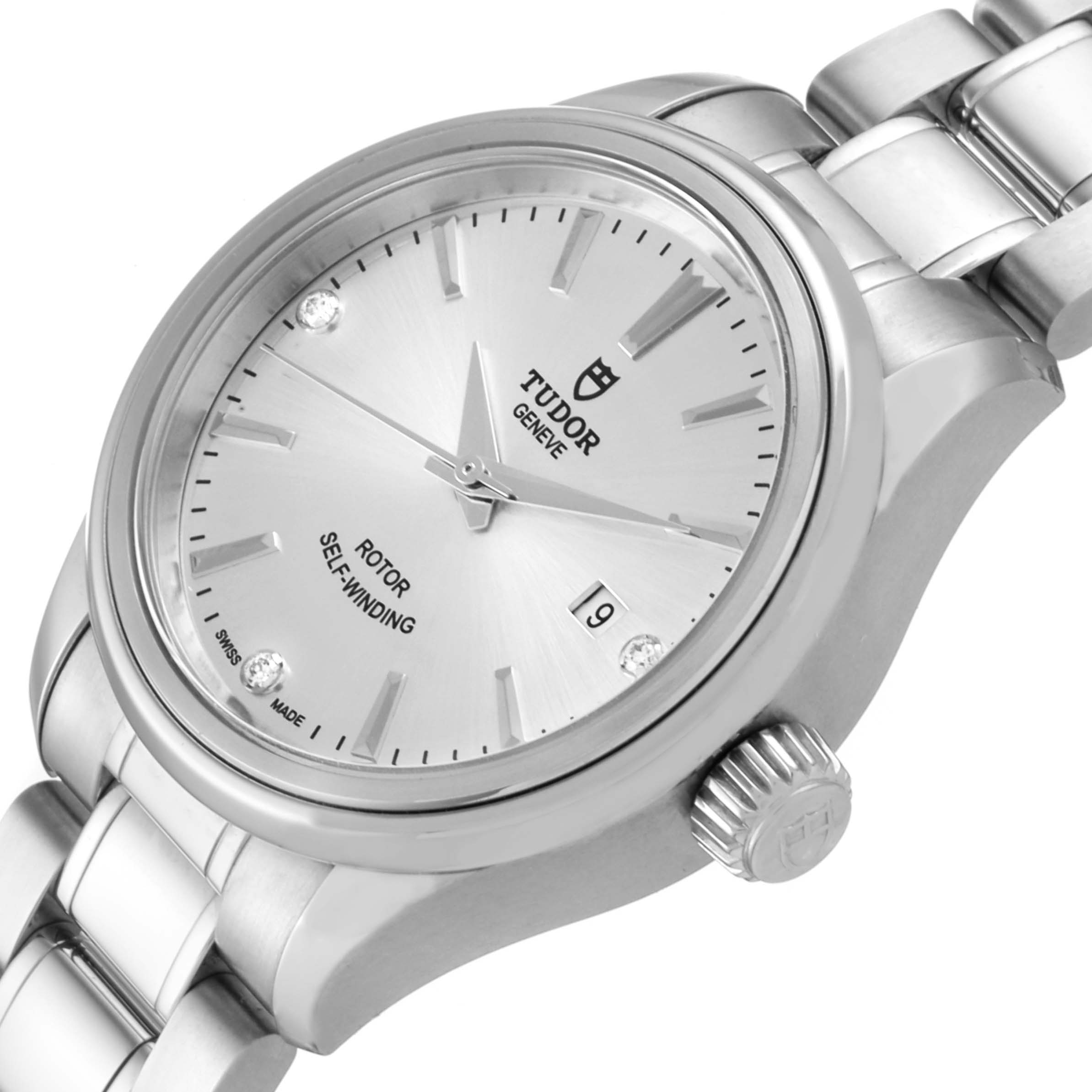 This image shows a close-up of the Tudor Style M12100-0003 Women's Stainless Steel Silver Dial M12100-0003 Women's Stainless Steel Silver Dial watch, highlighting the dial, crown, and part of the bracelet.