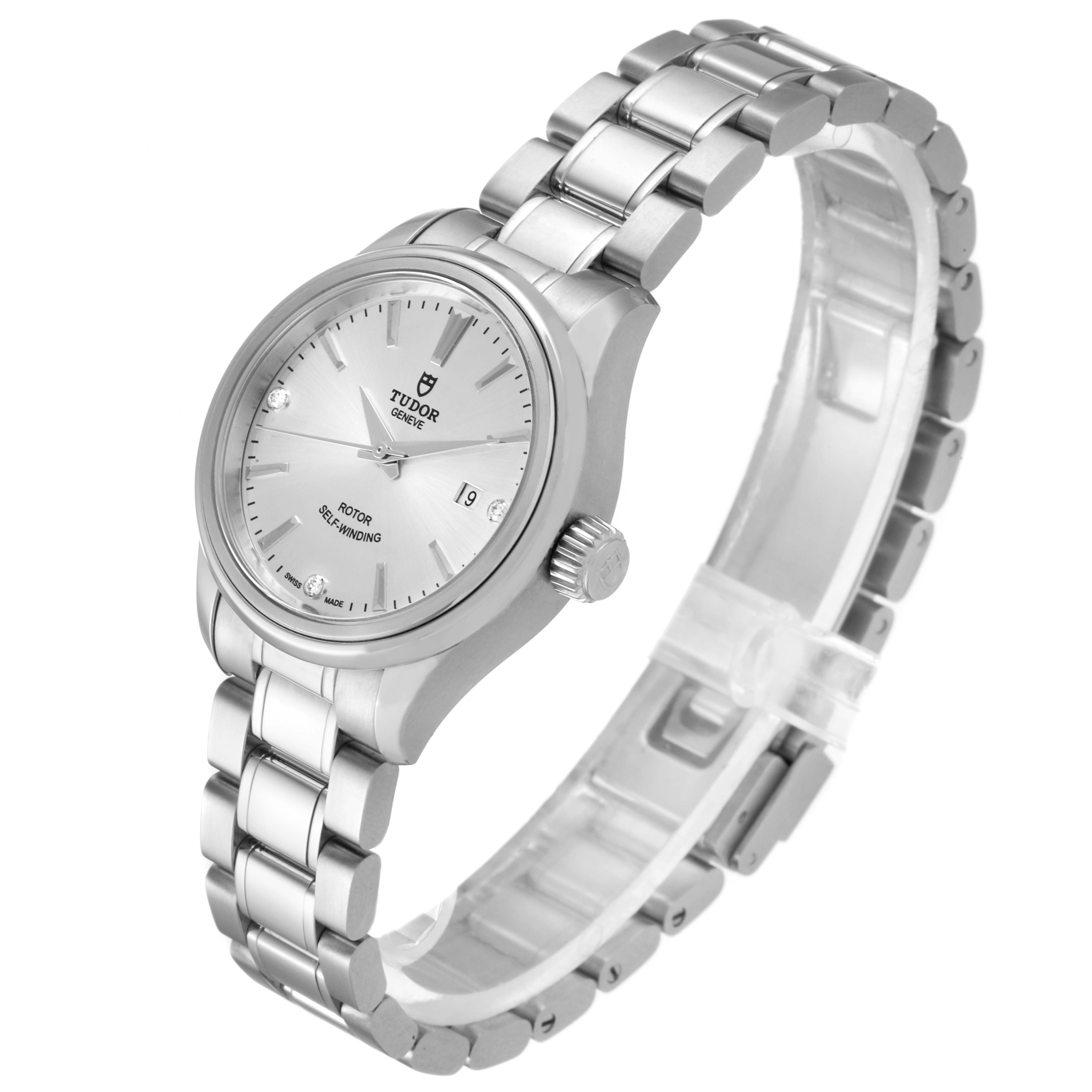The image shows the Tudor Style M12100-0003 Women's Stainless Steel Silver Dial M12100-0003 Women's Stainless Steel Silver Dial model watch angled from the top right, displaying the dial, case, bracelet, and crown.
