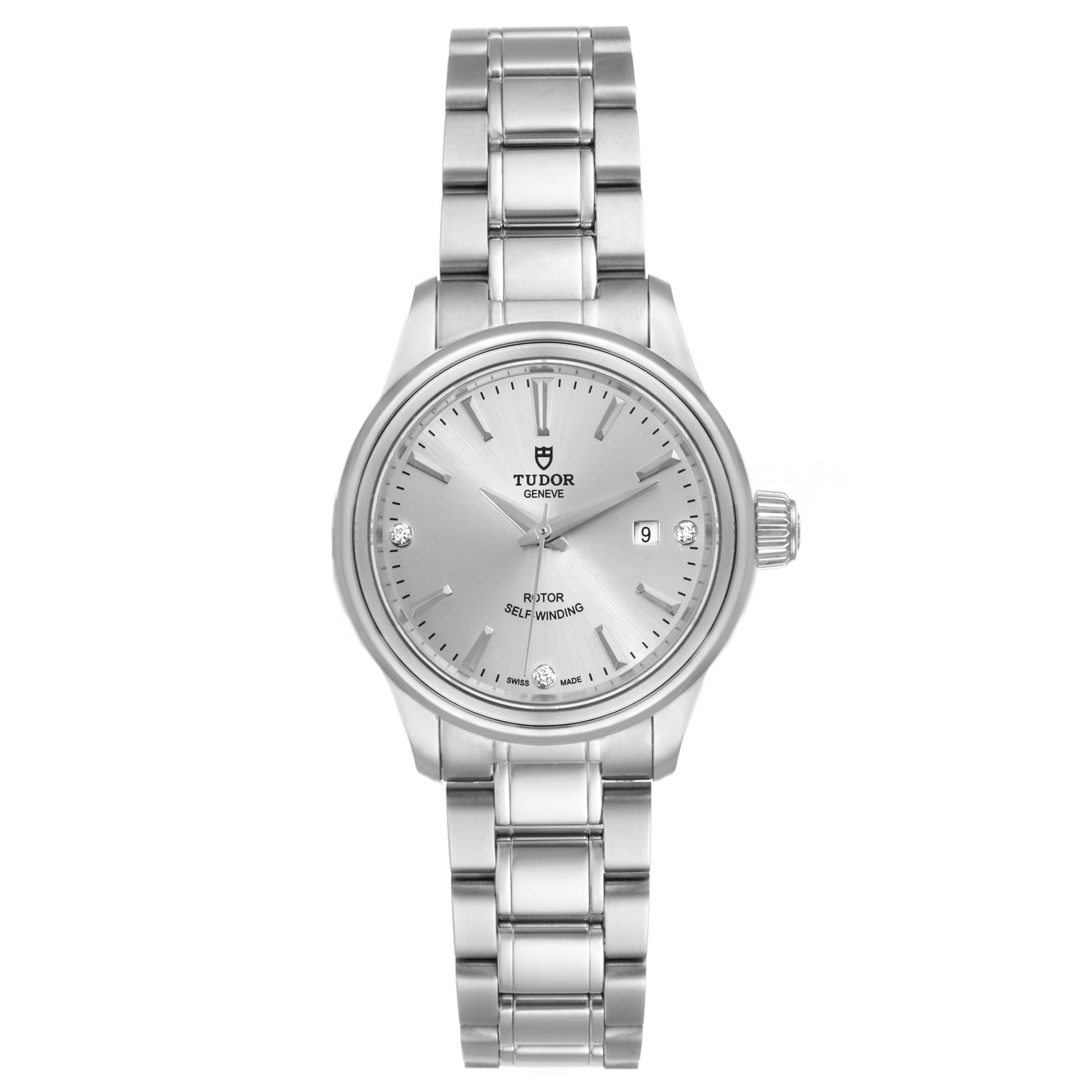 The image shows a front view of the Tudor Style M12100-0003 Women's Stainless Steel Silver Dial M12100-0003 Women's Stainless Steel Silver Dial watch, highlighting its silver dial, bracelet, and date window at 3 o'clock.