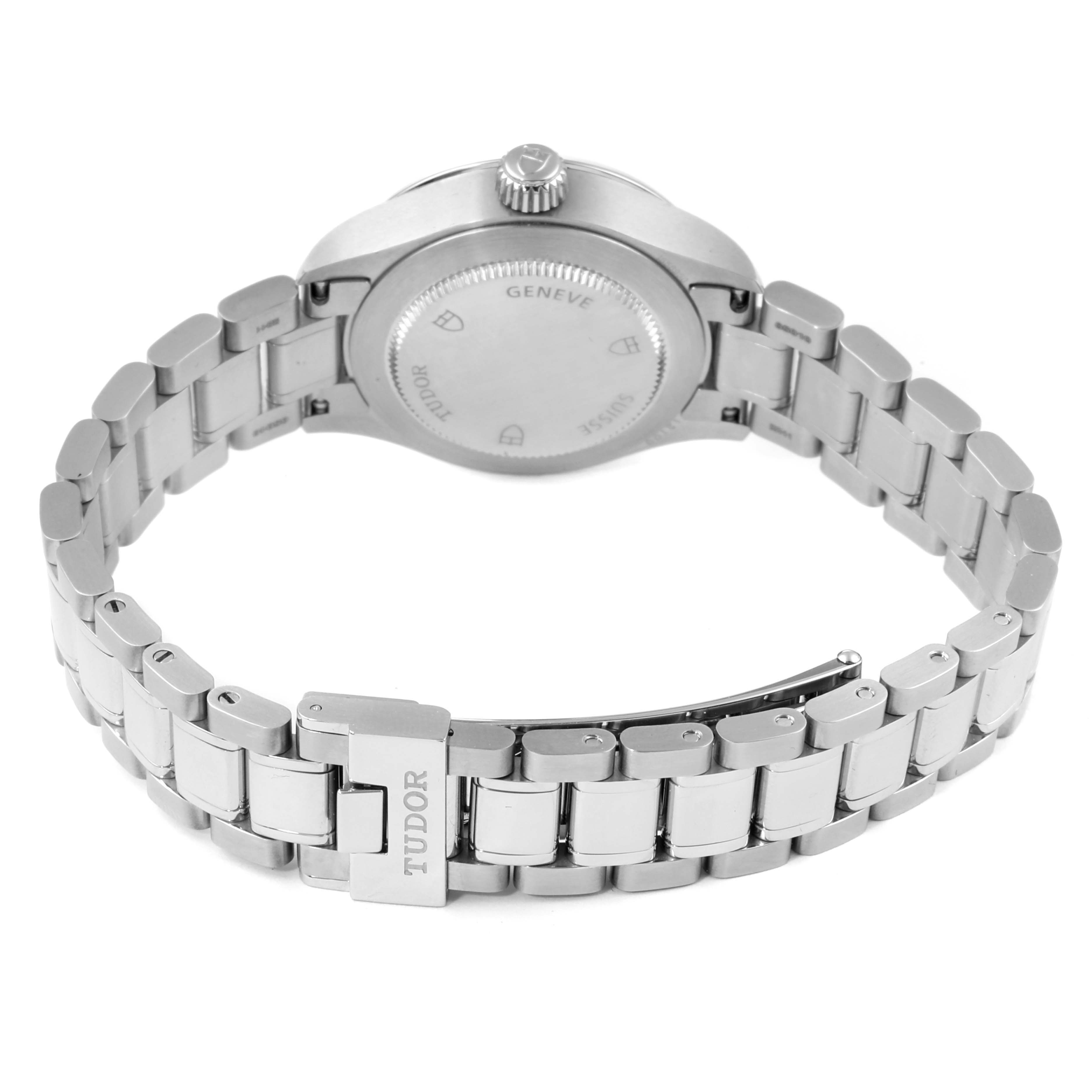 The image shows the back and side of a Tudor Style M12100-0003 Women's Stainless Steel Silver Dial M12100-0003 Women's Stainless Steel Silver Dial model watch, highlighting the bracelet, clasp, case back, and crown.