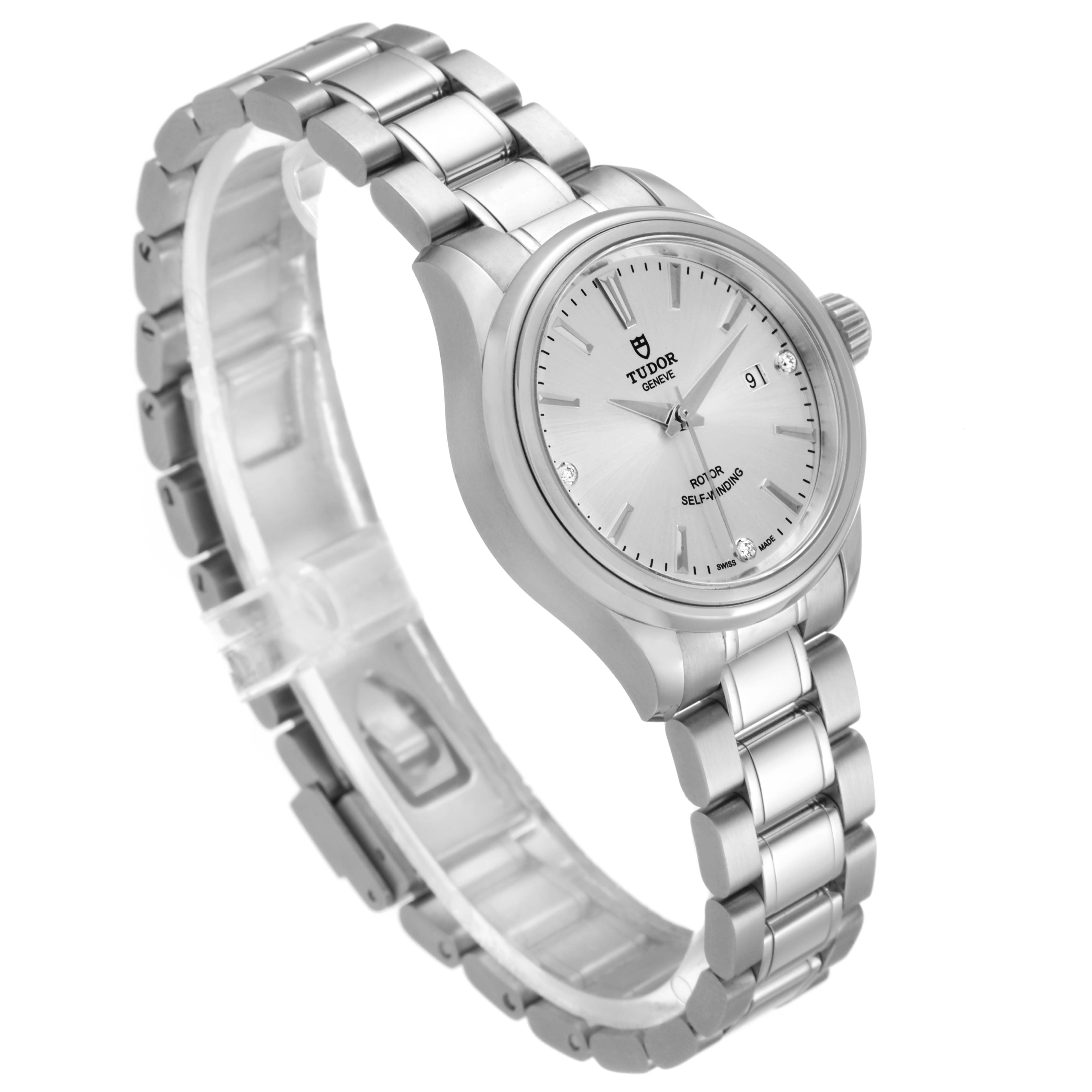 This image shows a Tudor Style M12100-0003 Women's Stainless Steel Silver Dial M12100-0003 Women's Stainless Steel Silver Dial model watch at a three-quarter angle, highlighting the dial, case, bracelet, and crown.