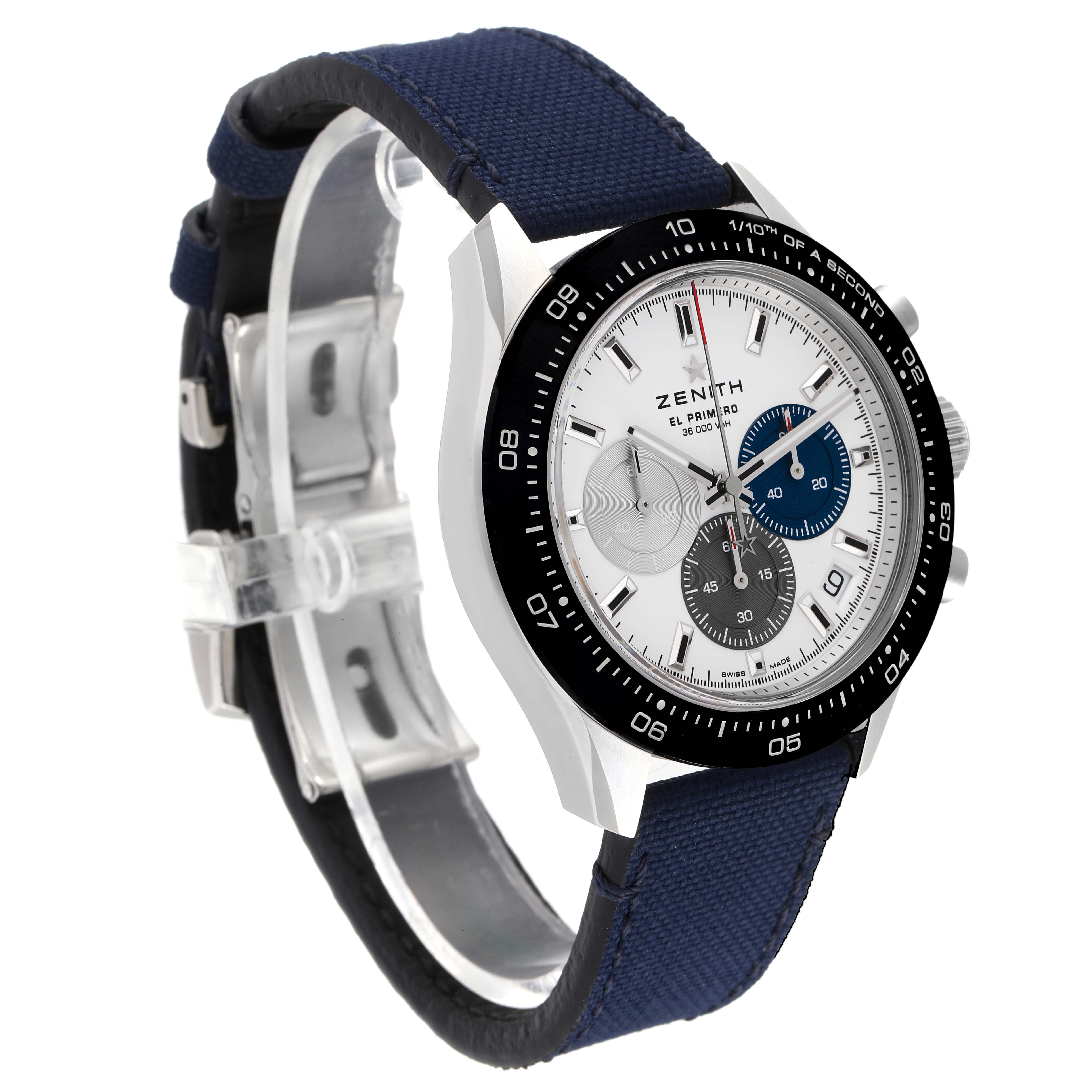 The image shows a Zenith Chronomaster 03.3100.3600 Men
s Stainless Steel White Dial 03.3100.3600 Men
s Stainless Steel White Dial watch, angled to display the face, bezel, and strap.