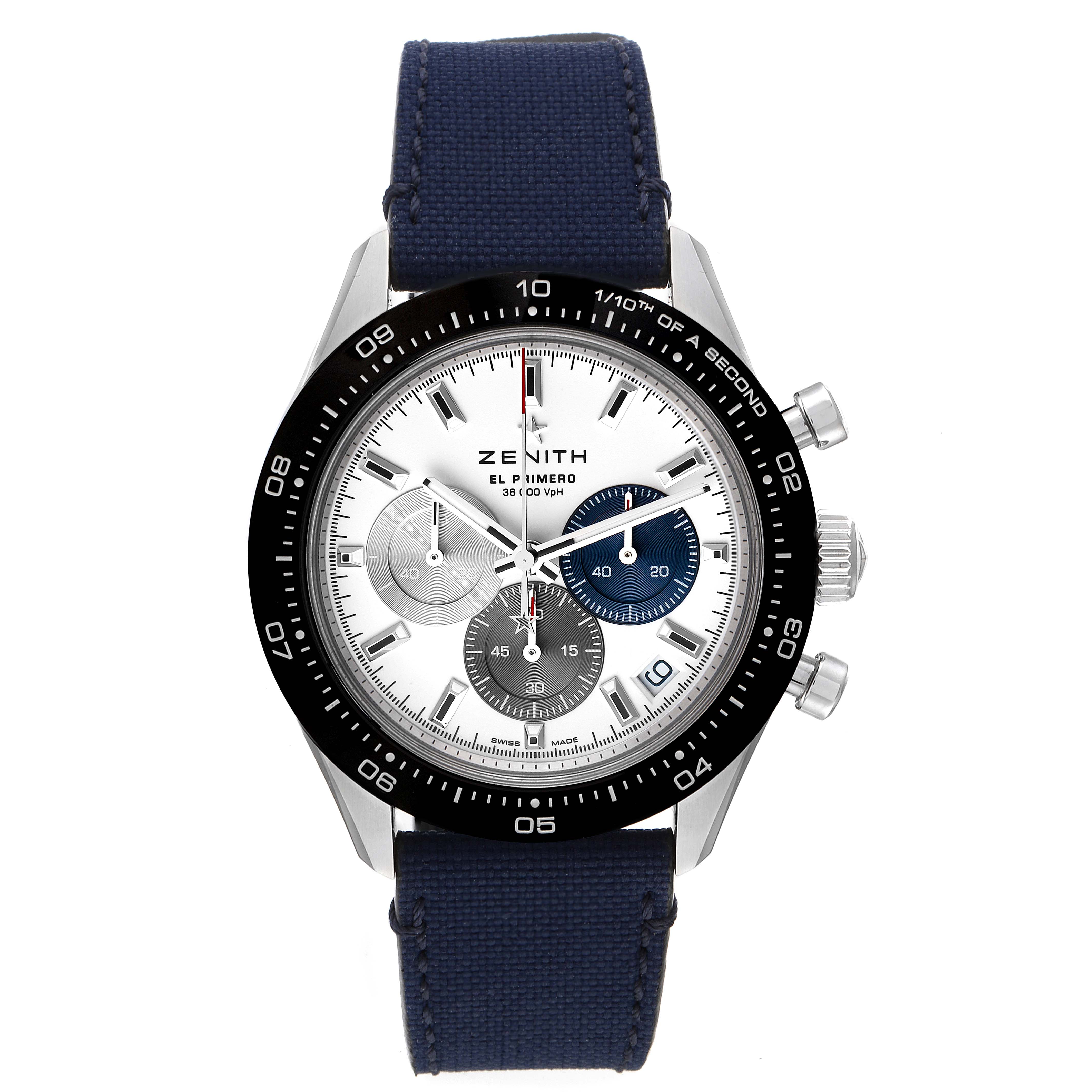 Front view of the Zenith Chronomaster 03.3100.3600 Men
s Stainless Steel White Dial 03.3100.3600 Men
s Stainless Steel White Dial displaying the dial, bezel, sub-dials, hands, and crown.