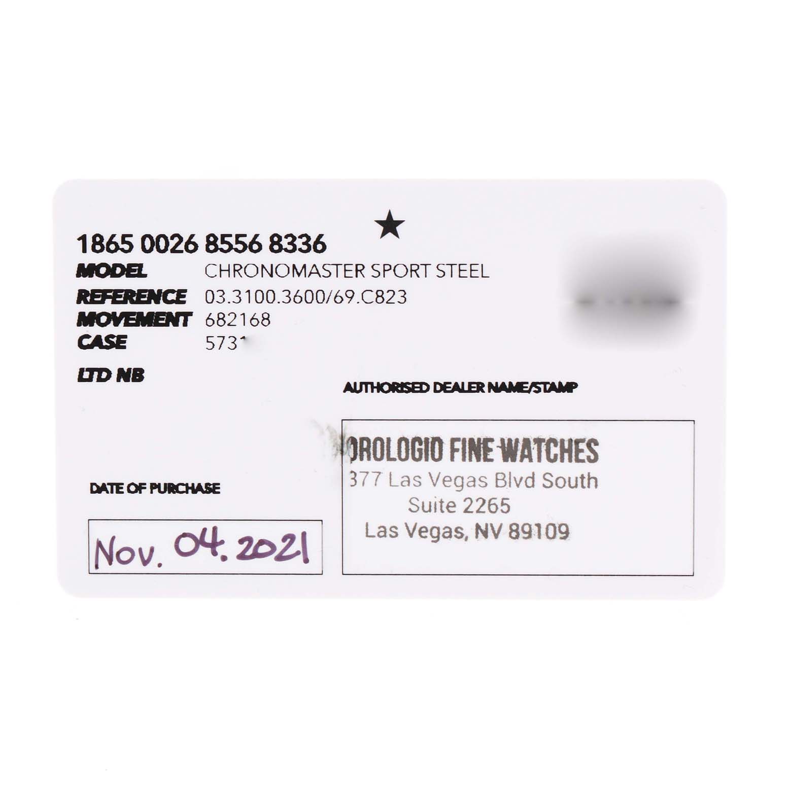 This image shows a certificate card for the Zenith Chronomaster 03.3100.3600 Men
s Stainless Steel White Dial 03.3100.3600 Men
s Stainless Steel White Dial Sport Steel watch model, displaying details like model, reference, and date of purchase.