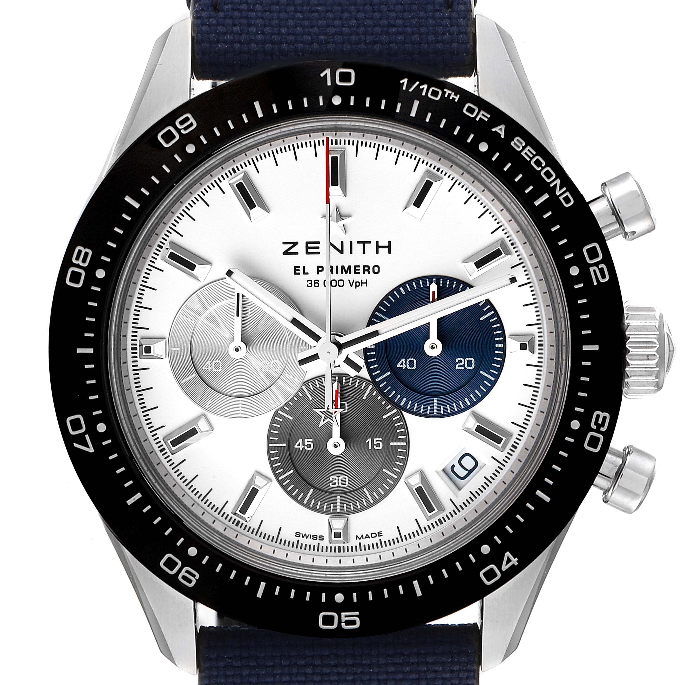 The image shows a frontal close-up view of the Zenith Chronomaster 03.3100.3600 Men
s Stainless Steel White Dial 03.3100.3600 Men
s Stainless Steel White Dial watch, displaying the dial, subdials, and bezel.