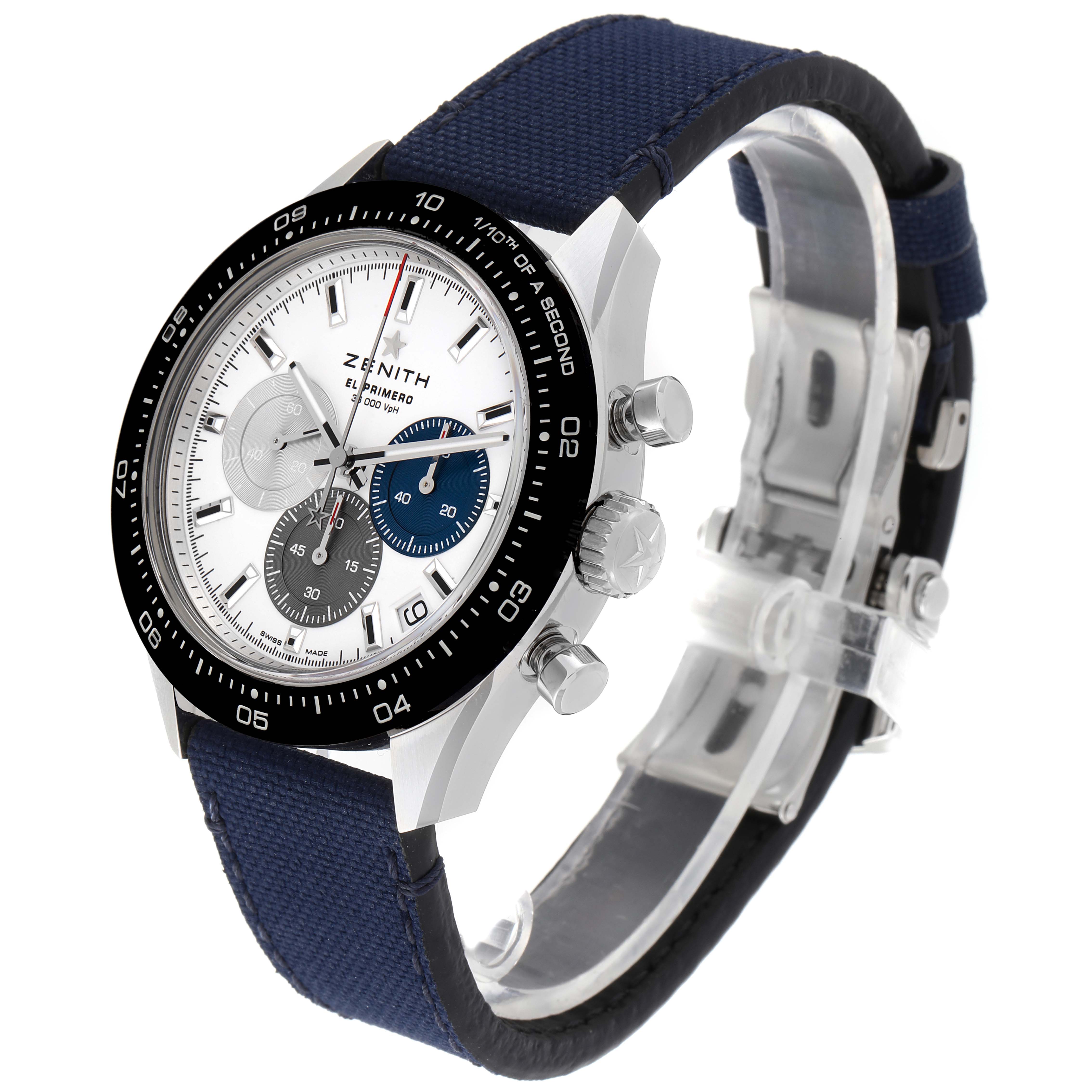 The Zenith Chronomaster 03.3100.3600 Men
s Stainless Steel White Dial 03.3100.3600 Men
s Stainless Steel White Dial watch is shown at a three-quarter angle, displaying its dial, bezel, crown, pushers, and strap.