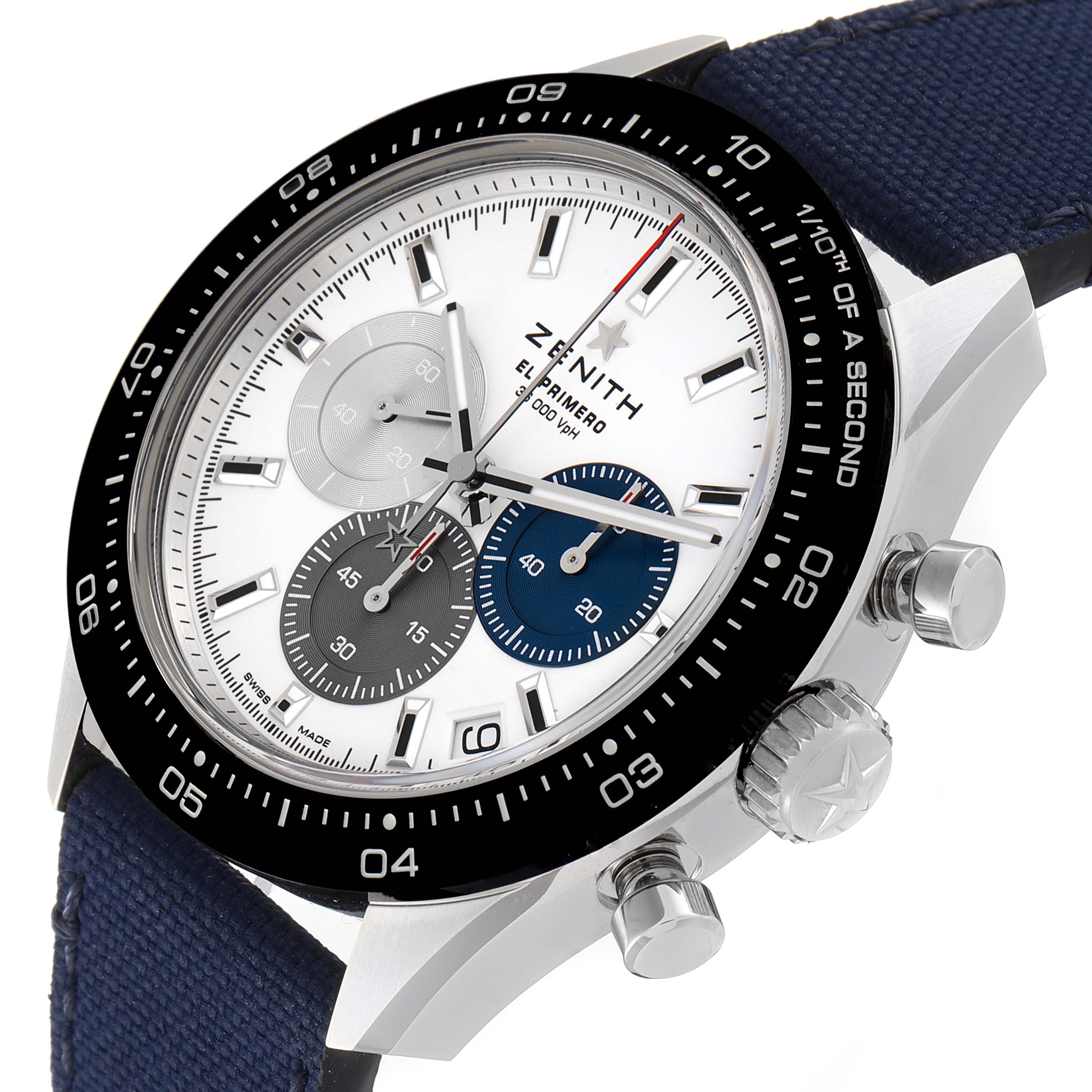 The Zenith Chronomaster 03.3100.3600 Men
s Stainless Steel White Dial 03.3100.3600 Men
s Stainless Steel White Dial watch is shown at an oblique angle, highlighting the face, bezel, crown, and push buttons.