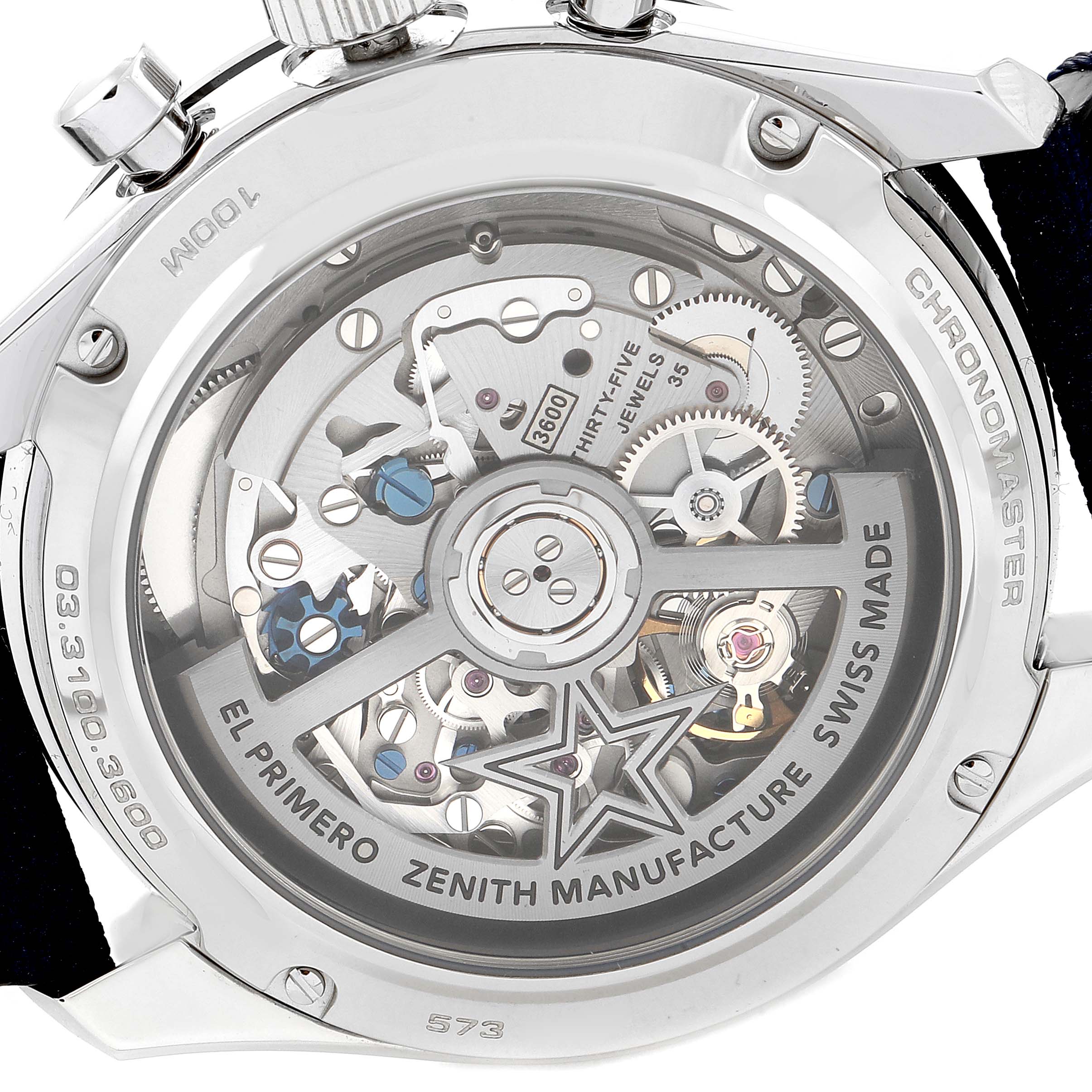 This image shows the back case of a Zenith Chronomaster 03.3100.3600 Men
s Stainless Steel White Dial 03.3100.3600 Men
s Stainless Steel White Dial watch, highlighting the intricate movement and internal components.
