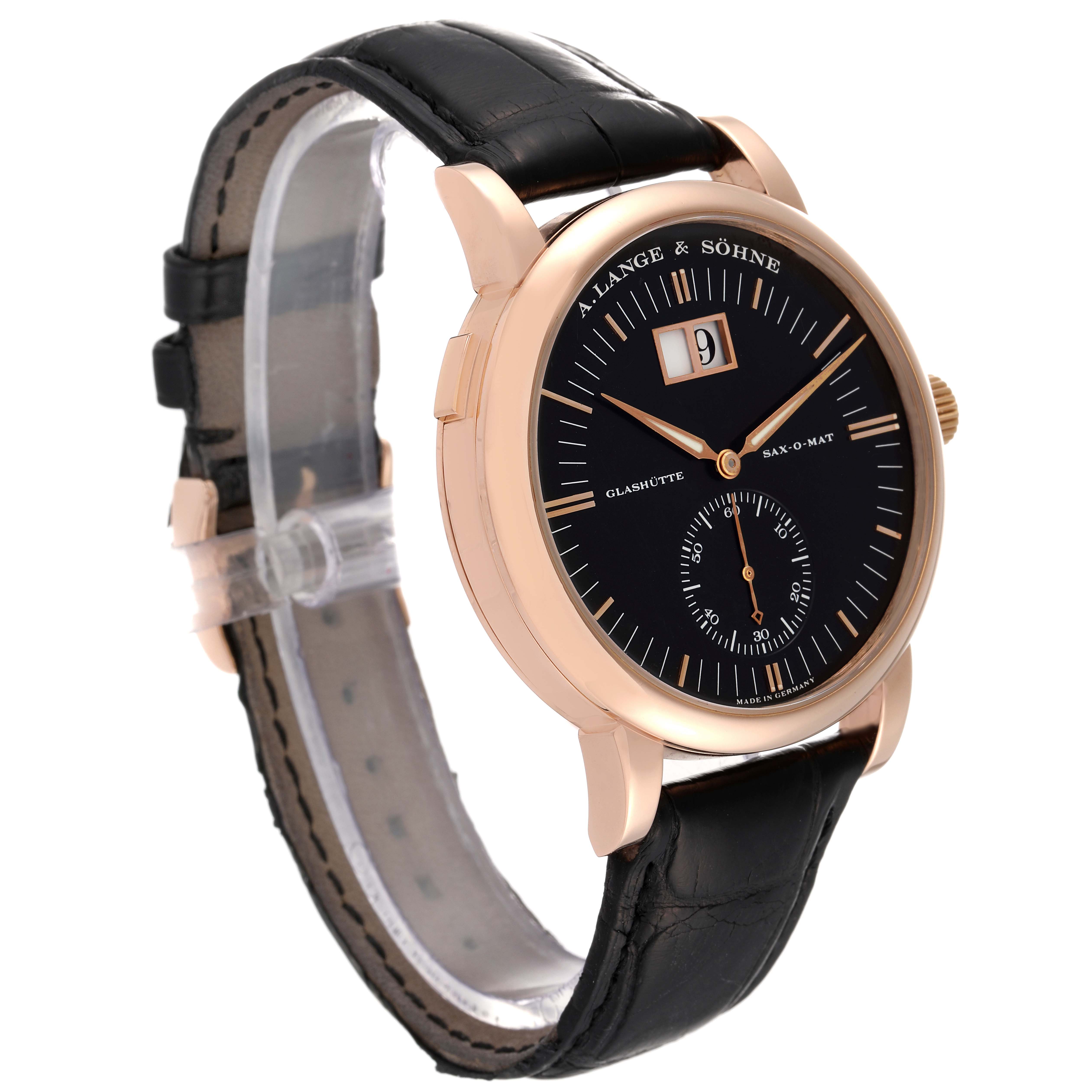 The image shows the A. Lange & Sohne Richard Lange 309.031 Men's Rose Gold Black Dial watch at a slight angle, highlighting its face, case, crown, and black leather strap.