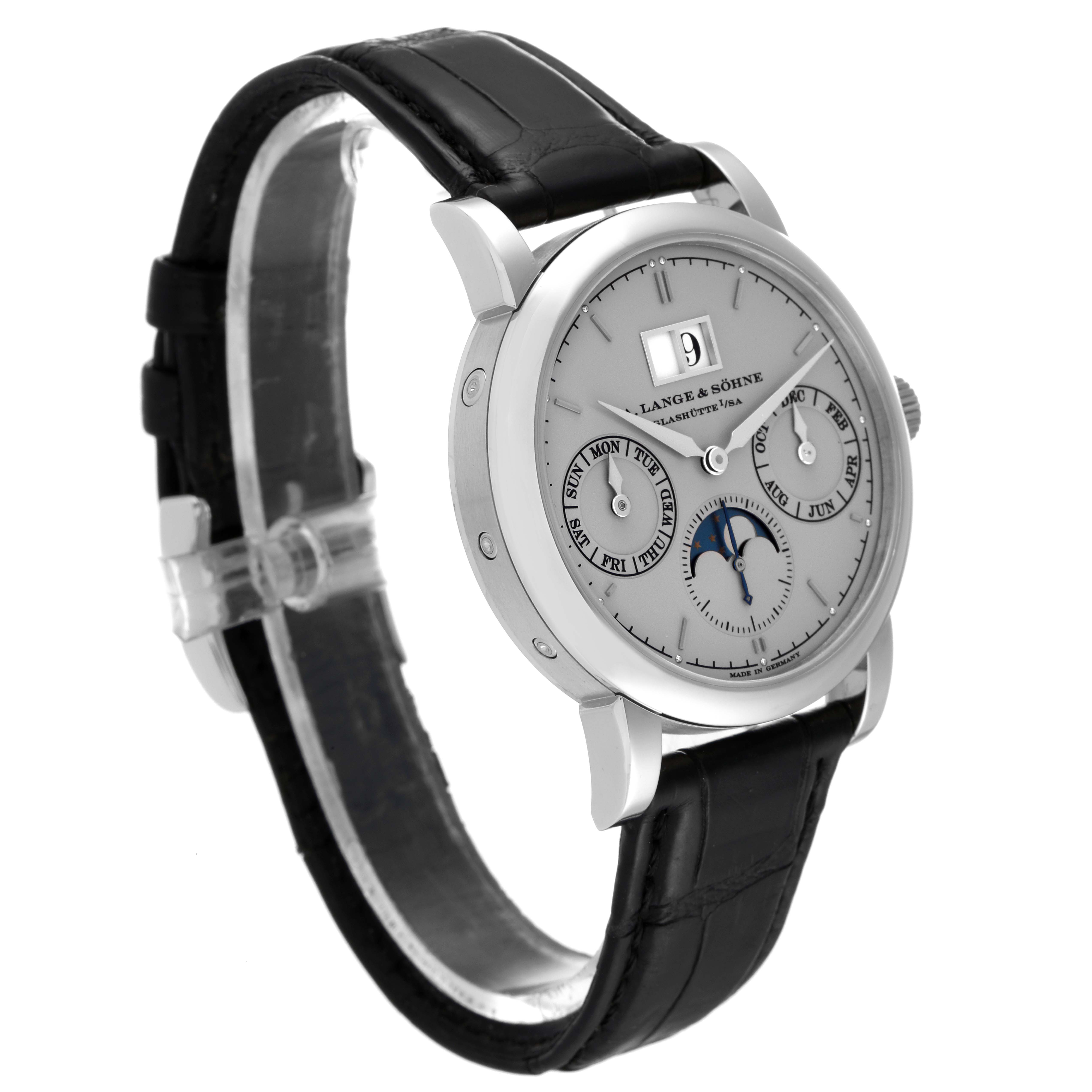 This image shows a Saxonia model by A. Lange & Söhne from a three-quarter angle, displaying the dial, strap, and case.