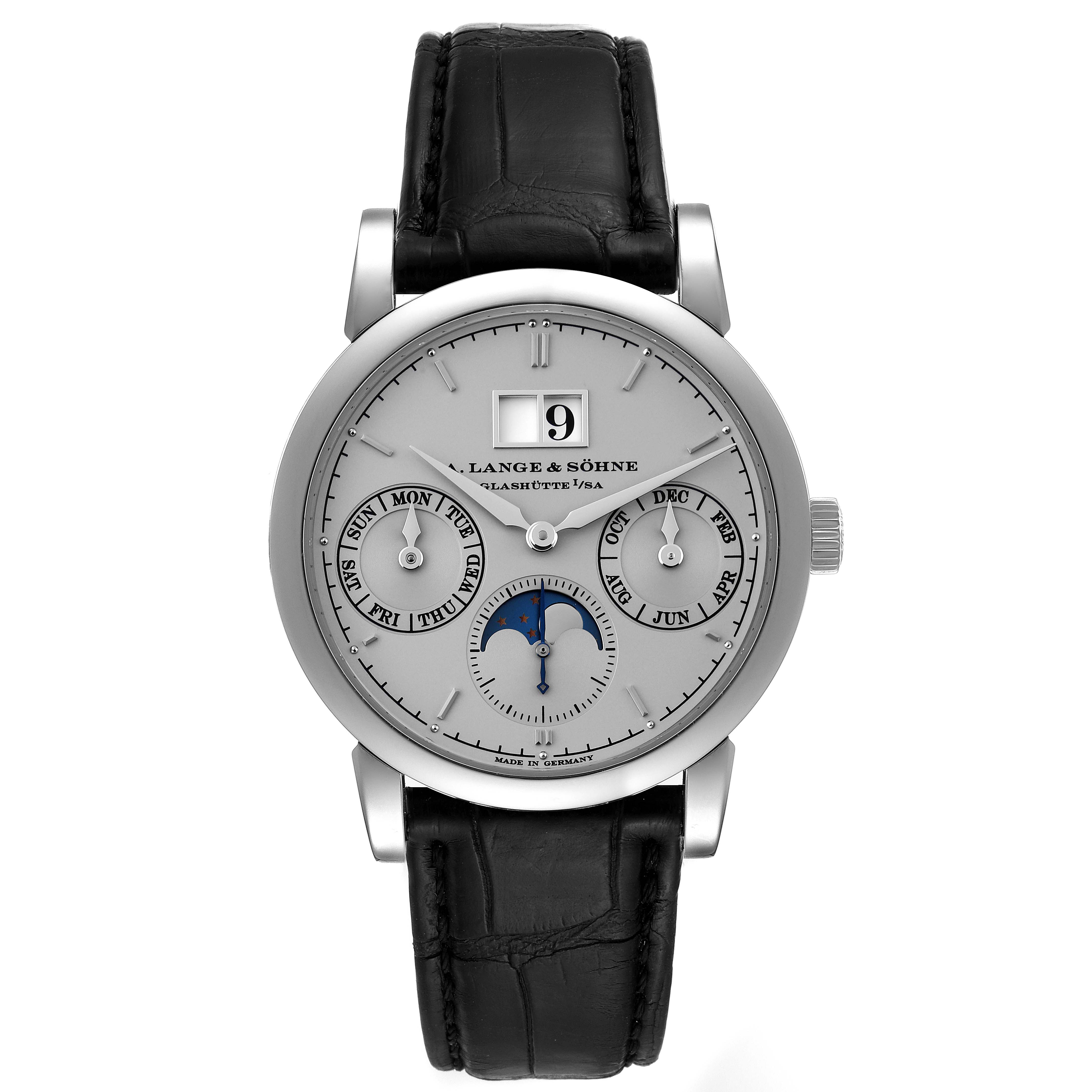 The image shows a front view of an A. Lange & Sohne Saxonia 330.025 Men's Platinum Silver Dial watch, highlighting its face and leather strap.