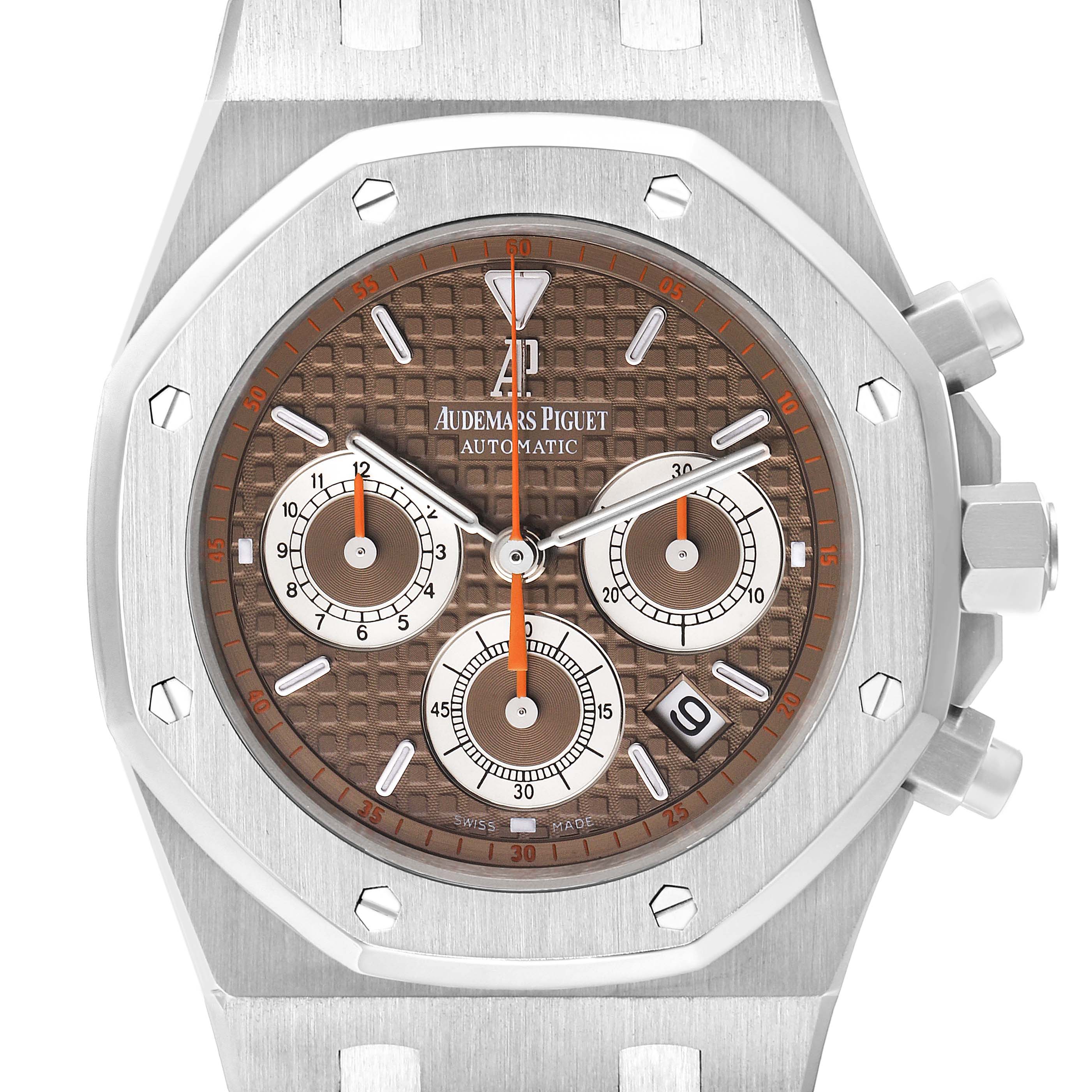 The image shows a front view of an Audemars Piguet Royal Oak 26300ST.OO.1110ST.08 Men's Stainless Steel Brown Dial 26300ST.OO.1110ST.08 Men's Stainless Steel Brown Dial watch, highlighting its dial, chronograph sub-dials, and date window.